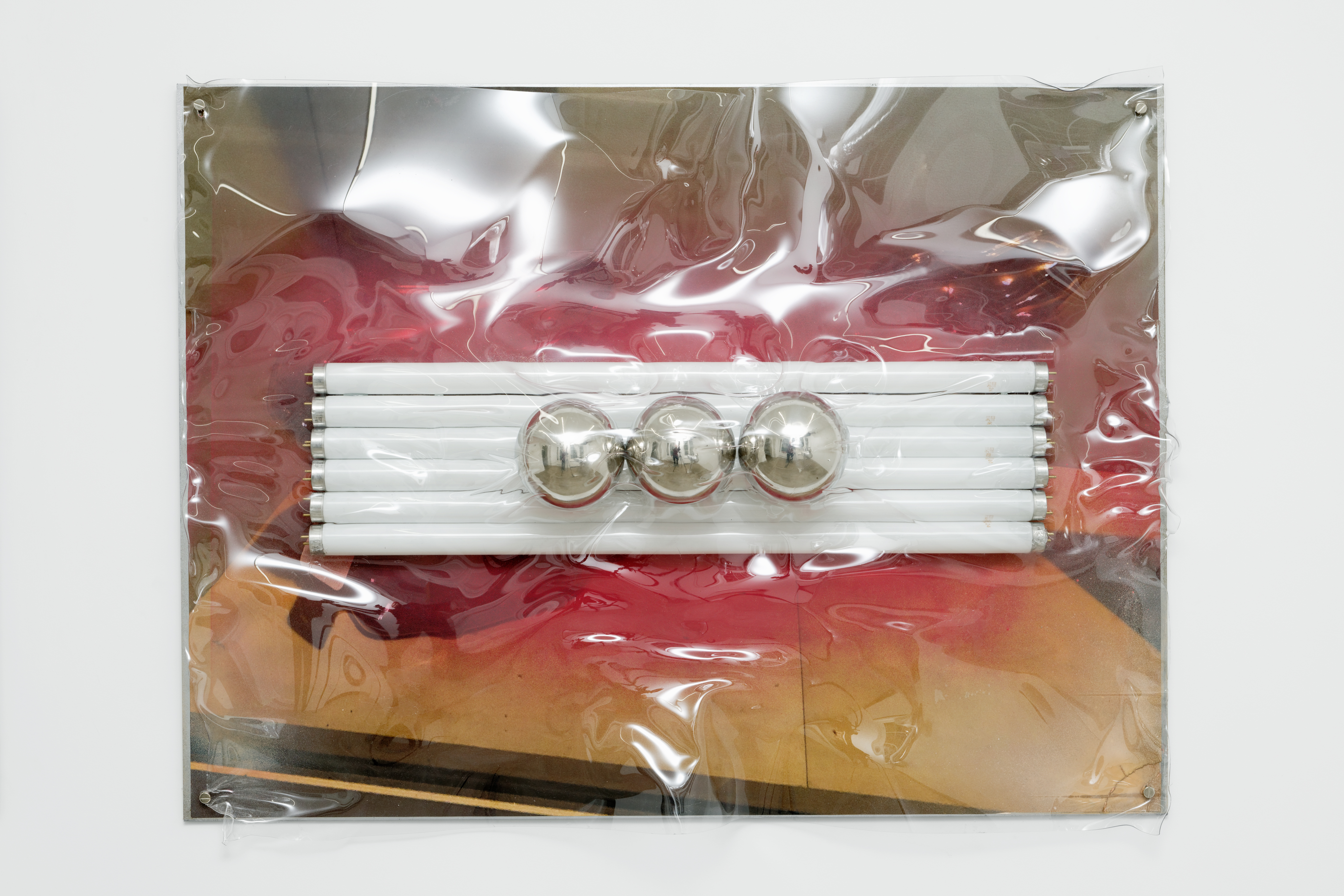 Here and There, 2023 Inkjet digital print mounted on steel, spray paint, heat formed PETG plastic, halogen light bulbs, chrome plated-steel 80 x 61 x 11cm