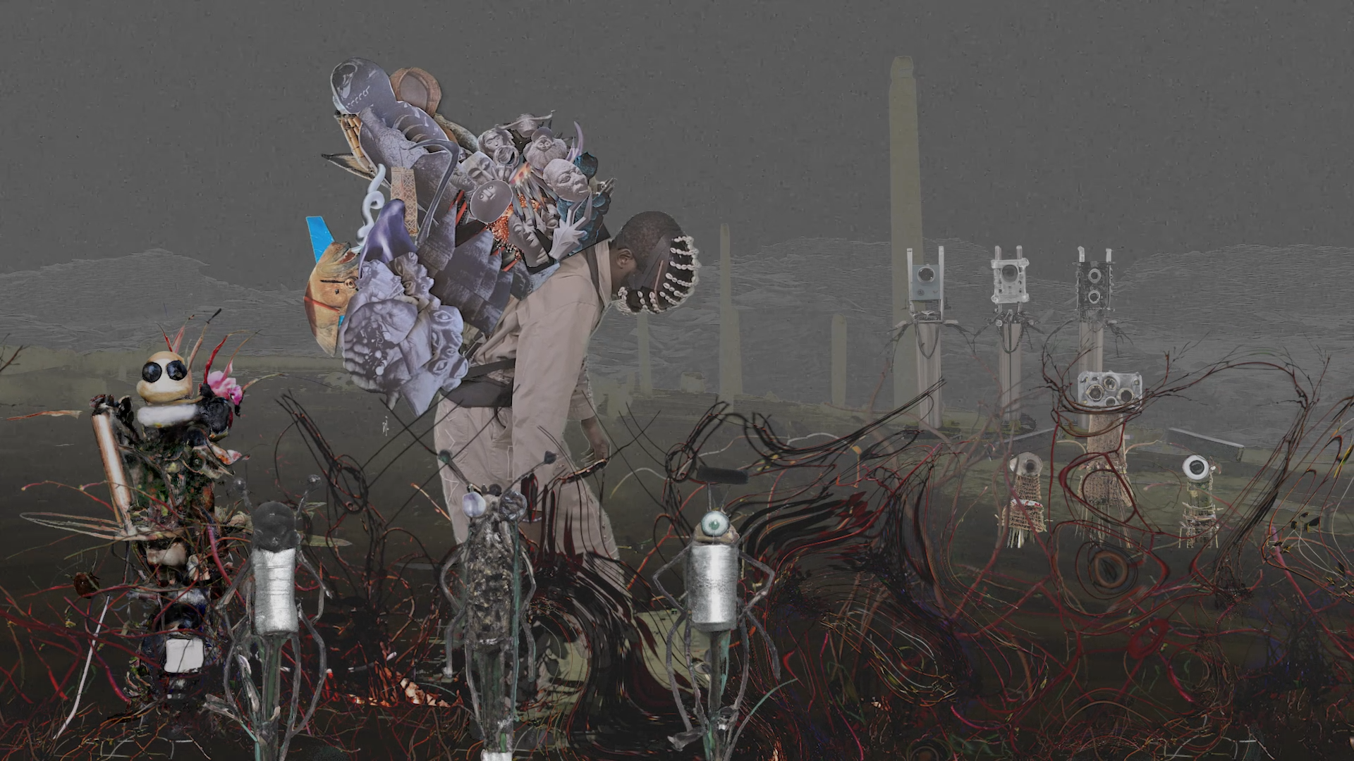 scientist traversing terrain wearing 'laboratory backpack', courtesy dzata archives (date unknown)