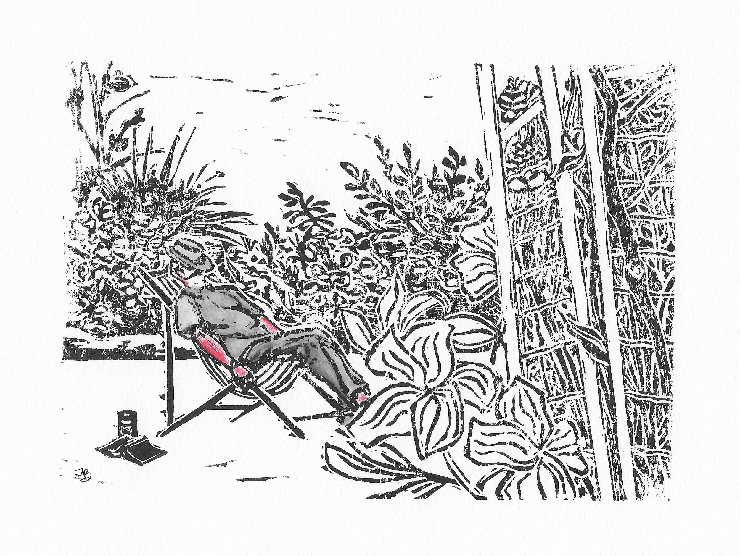Reality Wakes You Up Sometimes, 2022, linoleum ink print and colored pencil on paper, 10”x8”