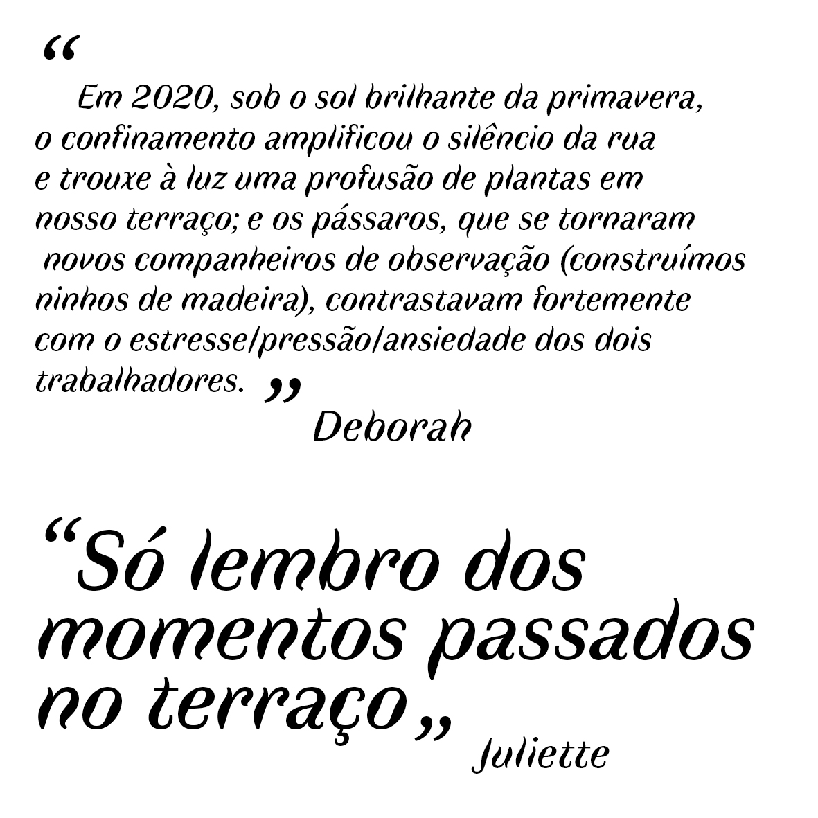 "En 2020, sous le soleil &eacute;clatant du Printemps, le confinement a amplifi&eacute; le silence de la rue et fait naitre de multiples plantes sur notre terrasse; et les oiseaux qui sont devenus de nouveaux compagnons &agrave; observer ( nous avons construit des nichoirs en bois) contrastaient fortement avec le stress/la pression/l'anxi&eacute;t&eacute; des deux travailleurs" "Je ne me souviens que des moments dehors sur la terrasse"