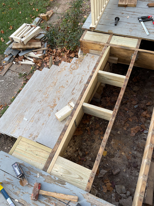 The stairs are relatively more recent than the porch, so they have been spared and will get new paint.