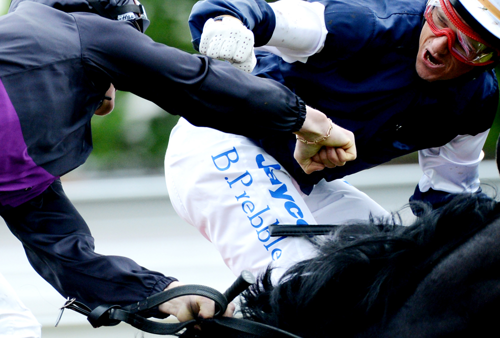 Brett Pebble celebrates his Melbourne Cup win 2012