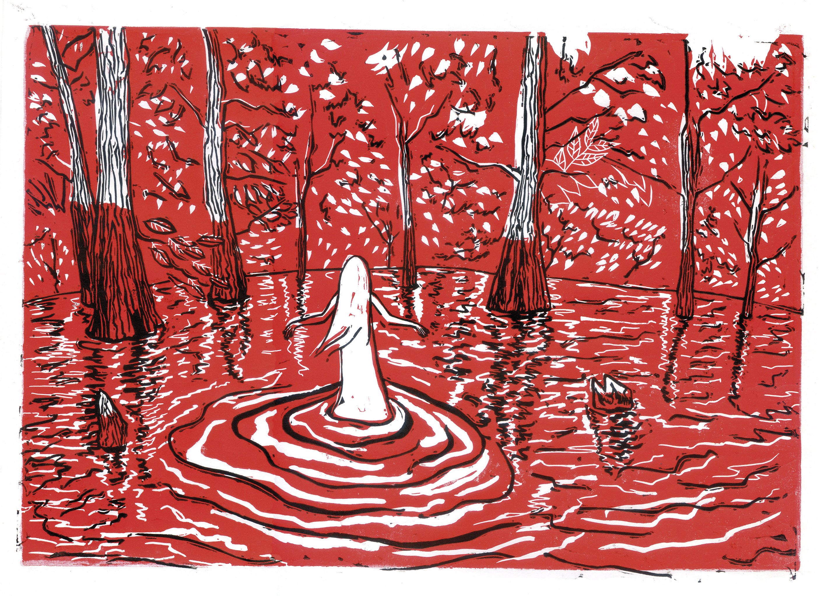 Le lac #2. 21 x 29,7 cm. Linogravure deux passages. 2021