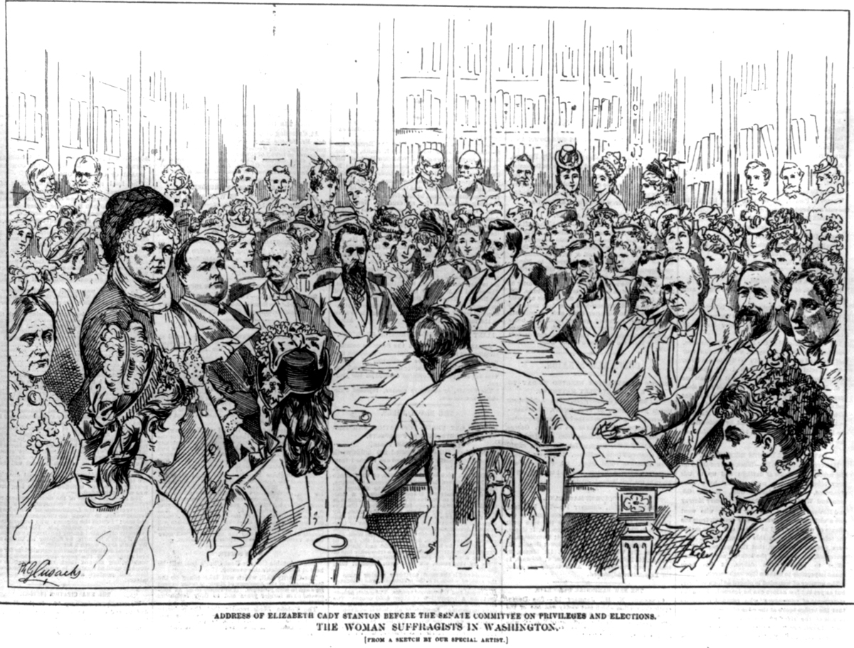 Elizabeth Cady Stanton addresses a Congressional committee in 1878. Courtesy of the Library of Congress.