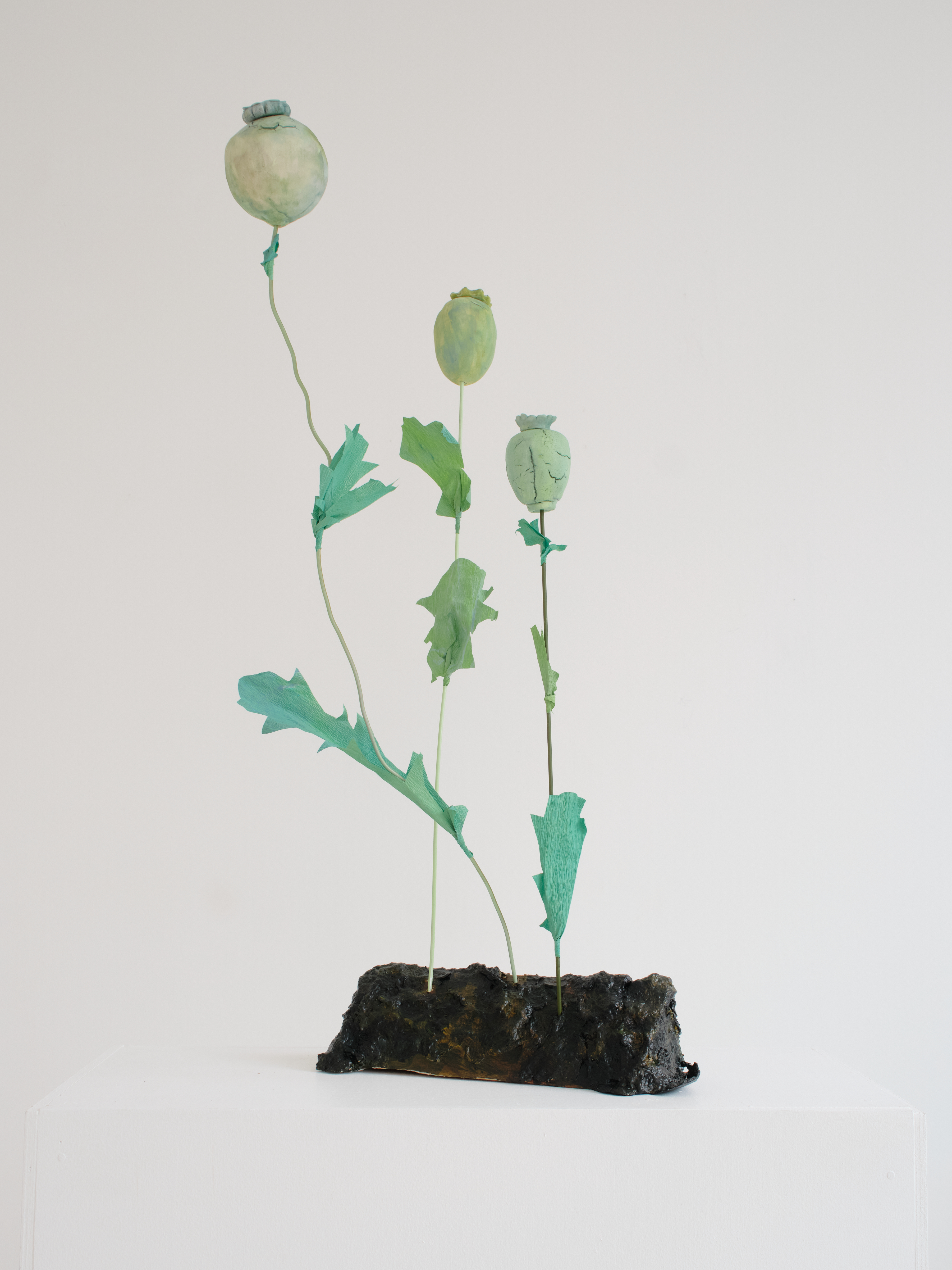 "Stand of Poppies - Trio 1", dimensions variable, mixed media with wood and papier mache base, 2025. $130