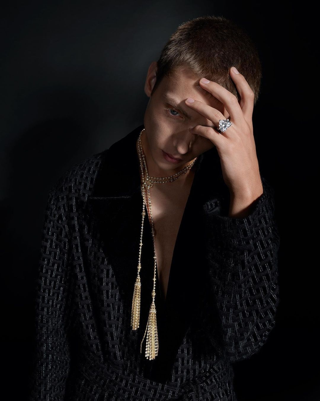 KMA photographer Isabelle Bonjean shoots model wearing Messika and Debeers for L'Officiel Hommes Italia