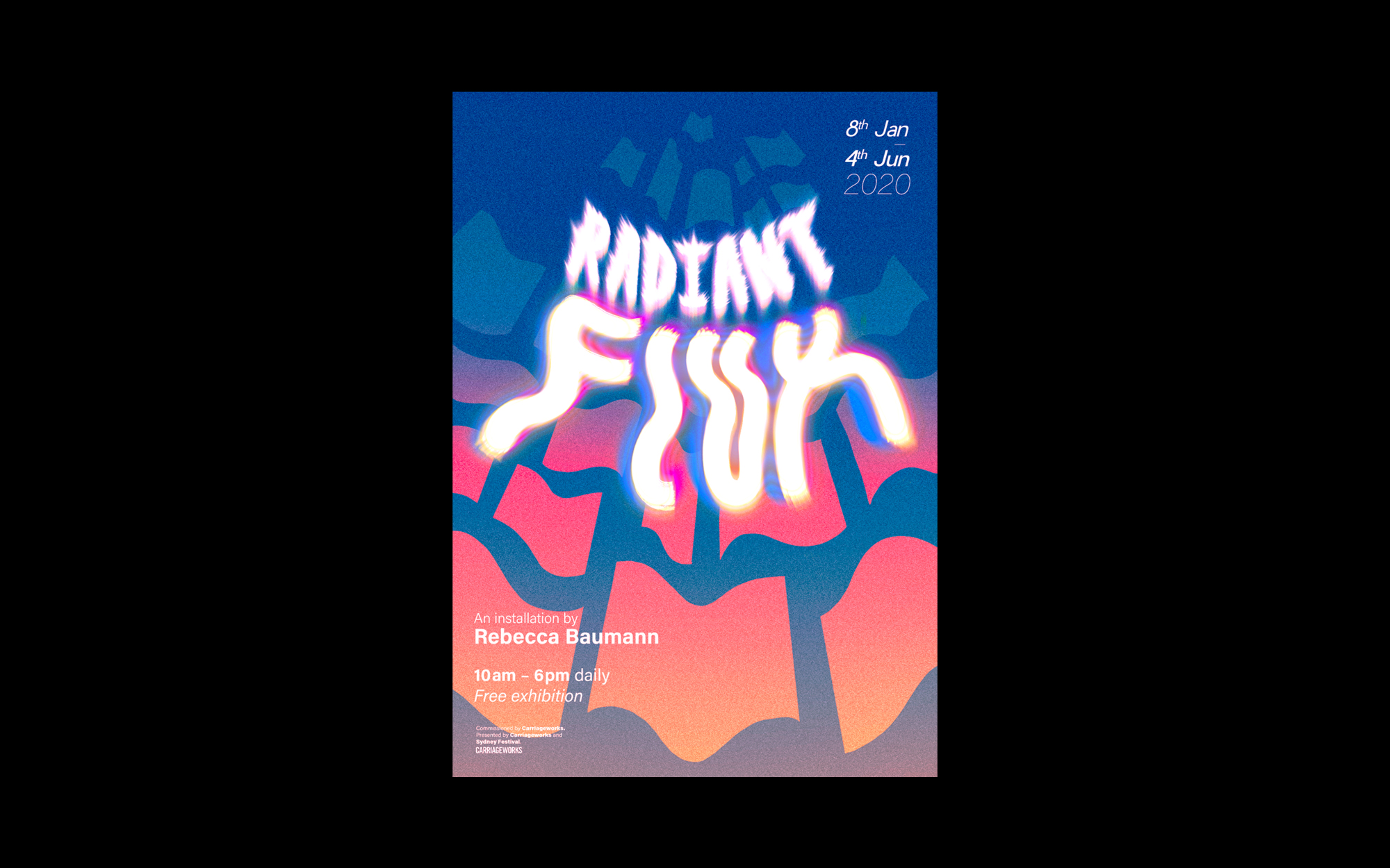 A moving image poster for ‘Radiant Flux’, a spatial exhibition by Rebecca Baumann. This motion piece visualises what it’s like to experience ‘Radiant Flux’ live — slow dancing with colours. The shifting colours reflect the passing of time, exploring notions of permanence and impermanence, which parallels Baumann’s intentions for the exhibition.