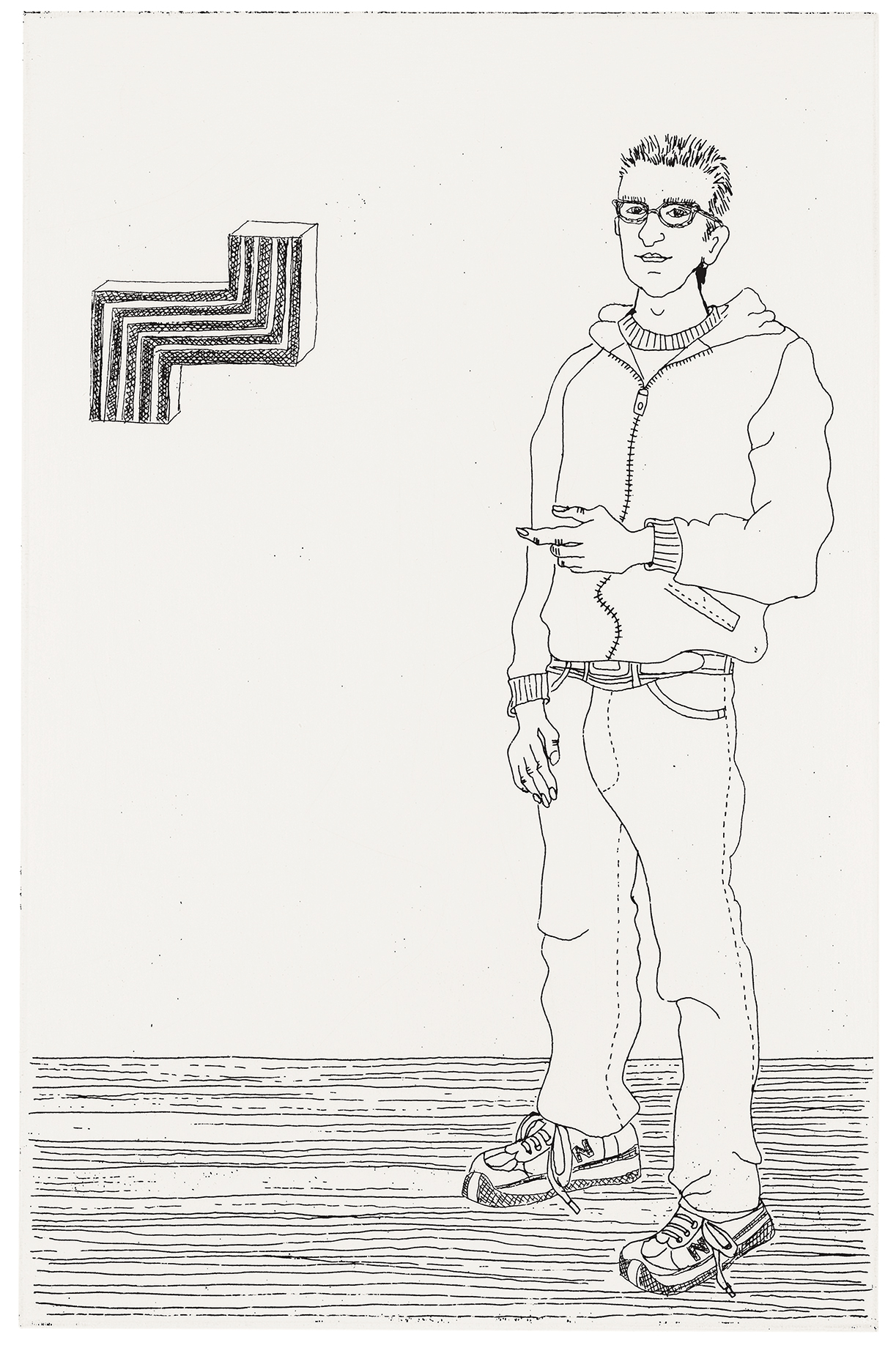 George in the University Art Gallery with the Painting That He Touched, 2003. Etching; 6 &times; 4 inches