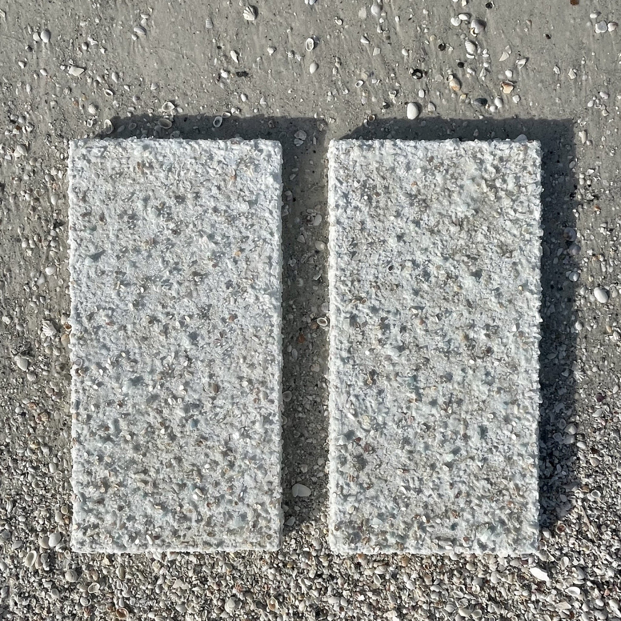 Coquina Prisms;  Blue quartz aggregate, glass, mica flakes, aquamarine, white sand, mother of pearl, and acrylic on canvas, 12”x24” *SOLD