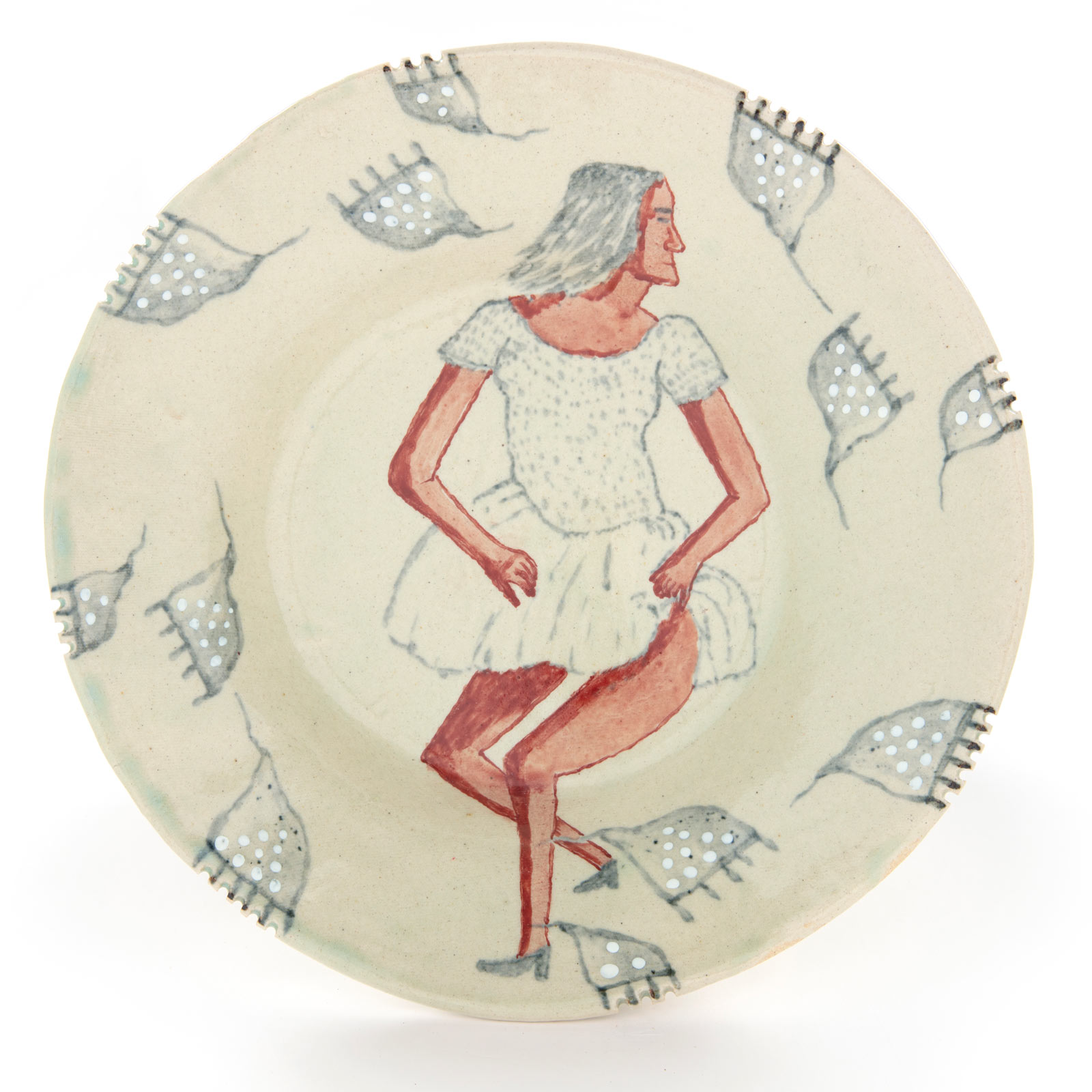 Woman in white dress, plate 5, 15.5.2020Glazed ceramic stoneware5.5 x 26cmSet of 9