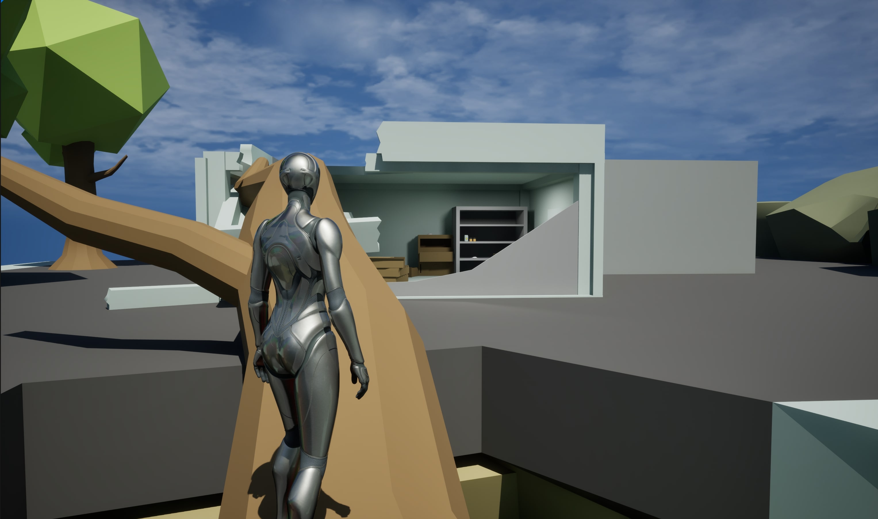 8. Balanced across the tree trunk approaching the garage building.