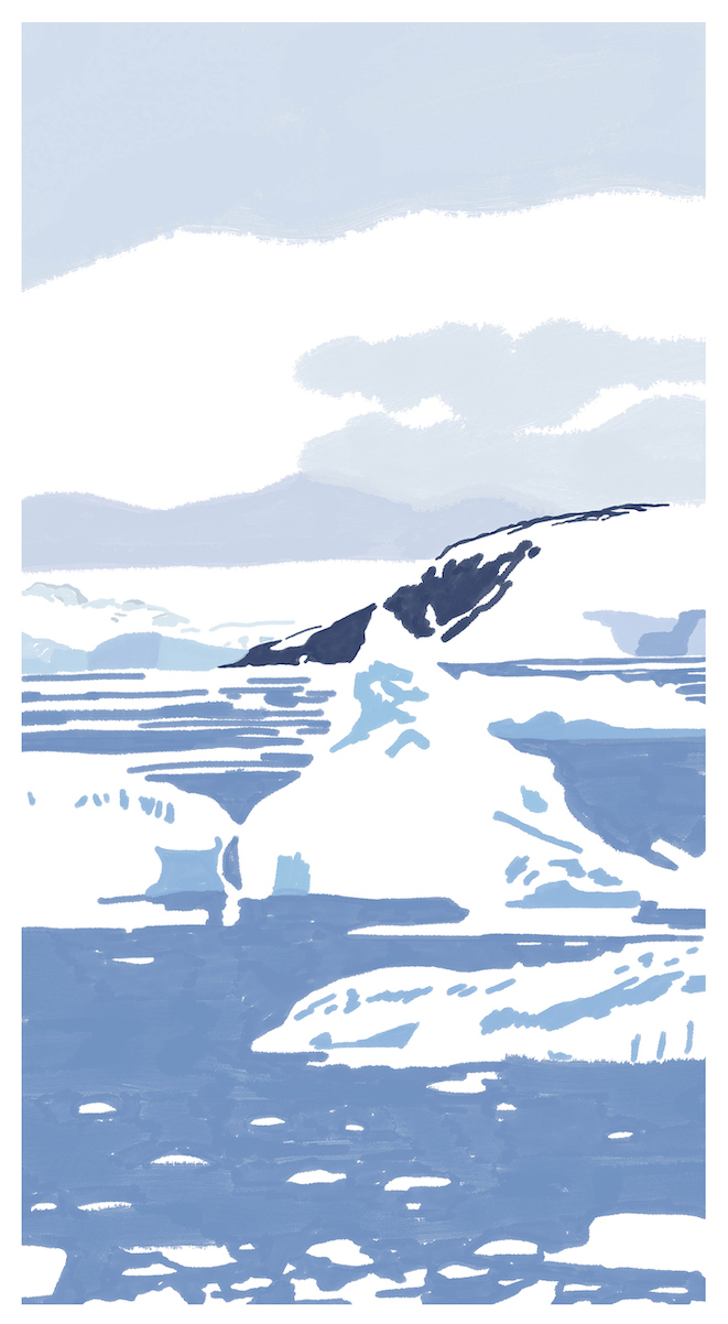 Carine Prache Icebergs et banquise à la dérive, Océan austral, 2022 Tablette graphique, impression jet d’encre 87 x 46 cm