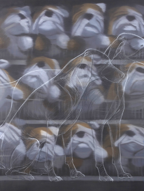 Dogs/Dogs, oil and colored pencil on paper, 28 x 38, 2010