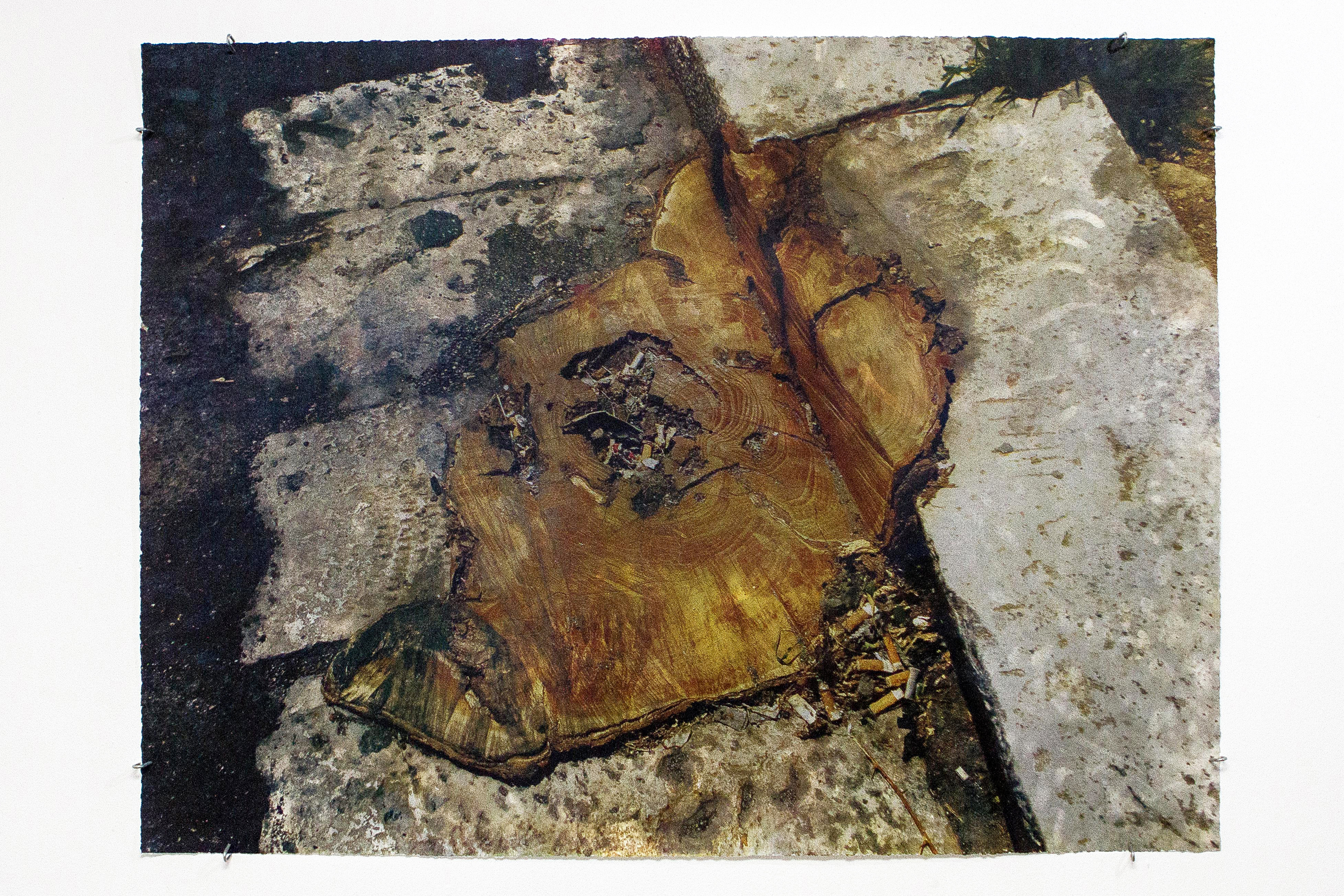 The Next, 2018. Charcoal silkscreen on paper, fence staples. 88 x 118 cm 