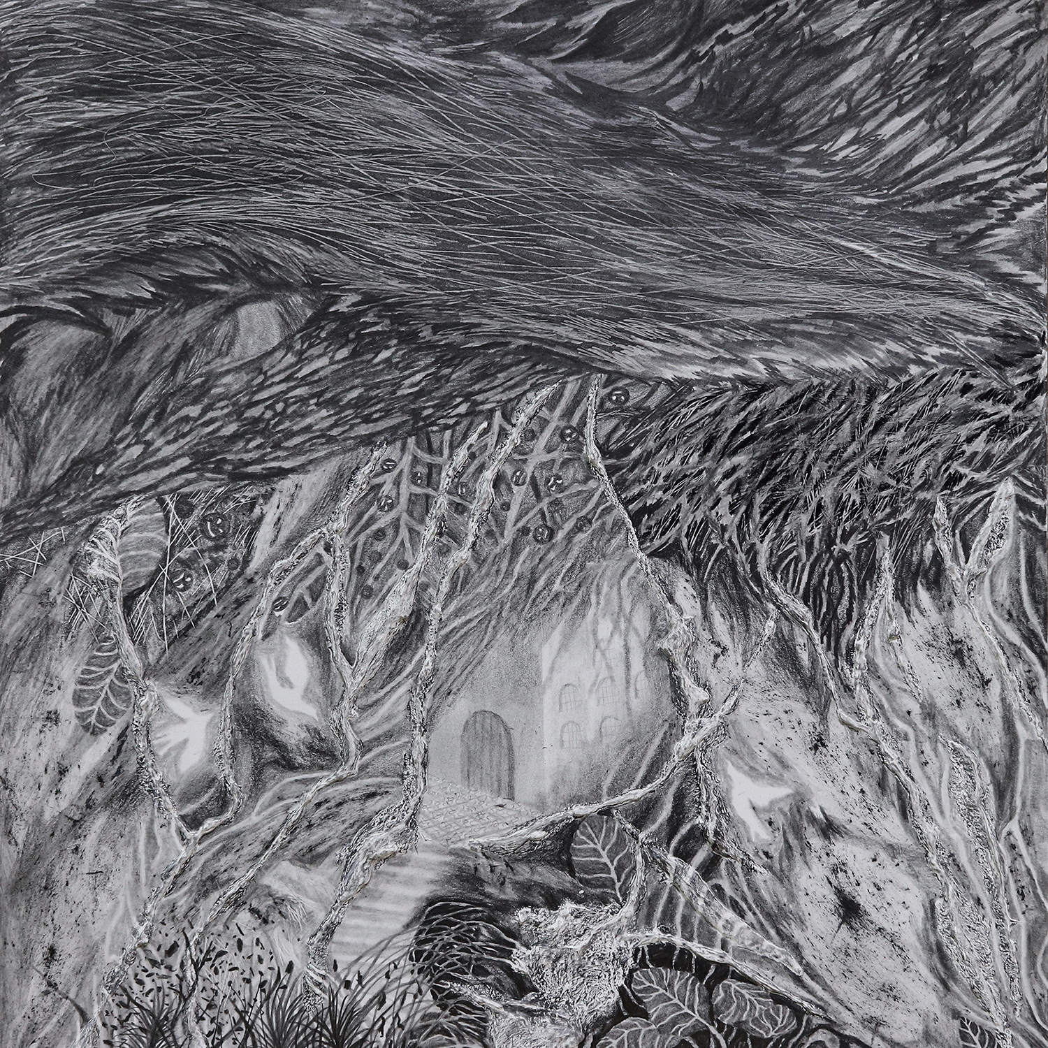 문 앞의 길, 2021, 종이에 흑연, 혼합재료, 40x40cm