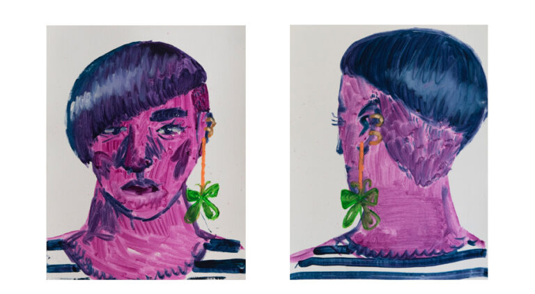 A marker drawing of a portrait of the front and back of a woman's head. She is wearing a long dangling earring with a green butterfly on the end. She has short hair and her bangs are cut diagonally across her face. The back of her head is shaved up to the crown.