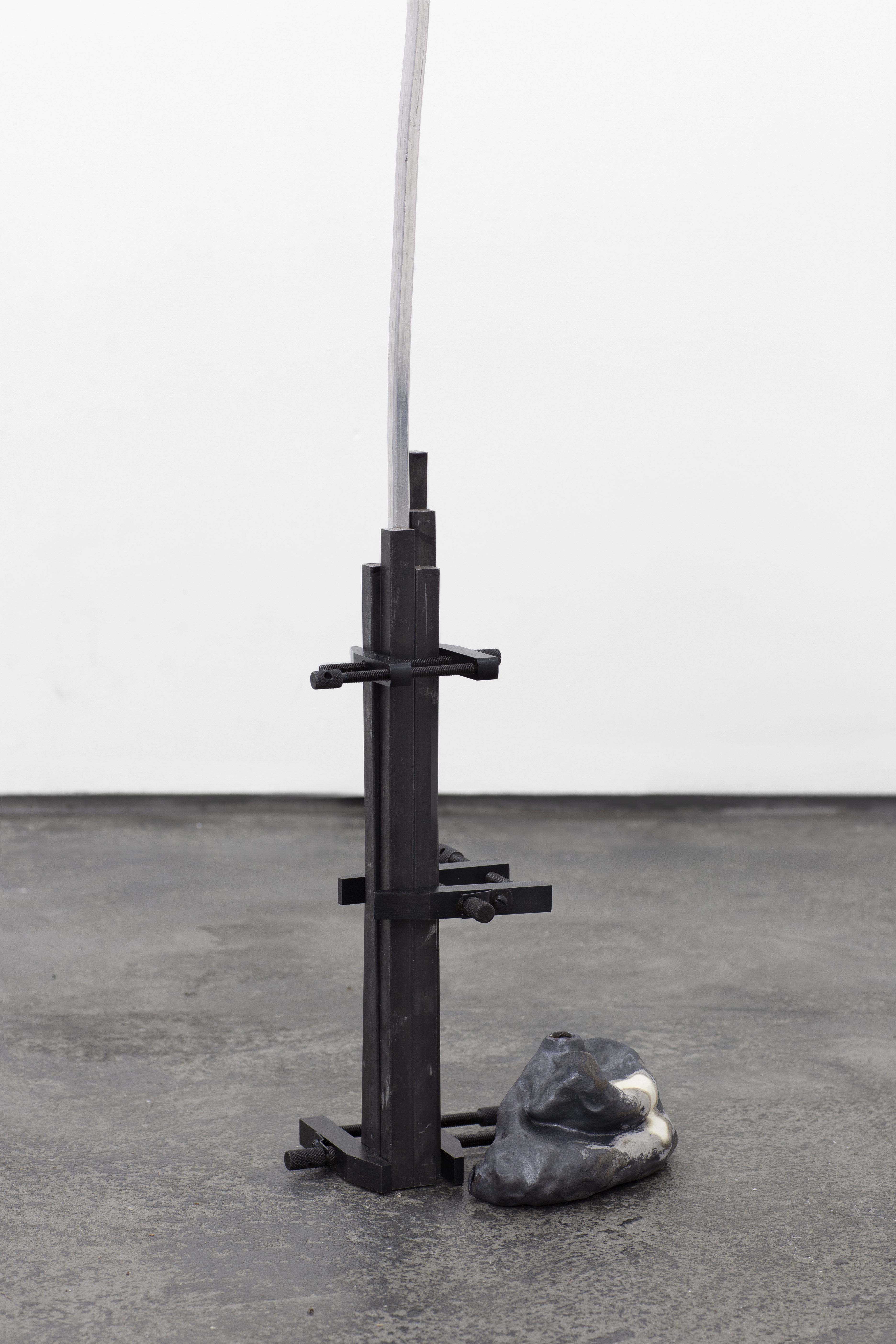 Chemical Vocabularies, 2021, [various dimensions], Protean Fluid, Gossamer Fog Gallery, London  Mycelium, copper sulphate, bisque fired ceramic growing crystals, peristaltic pump, aluminium  armature wire, steel, silicone tube, various cable ties and electrical wire 