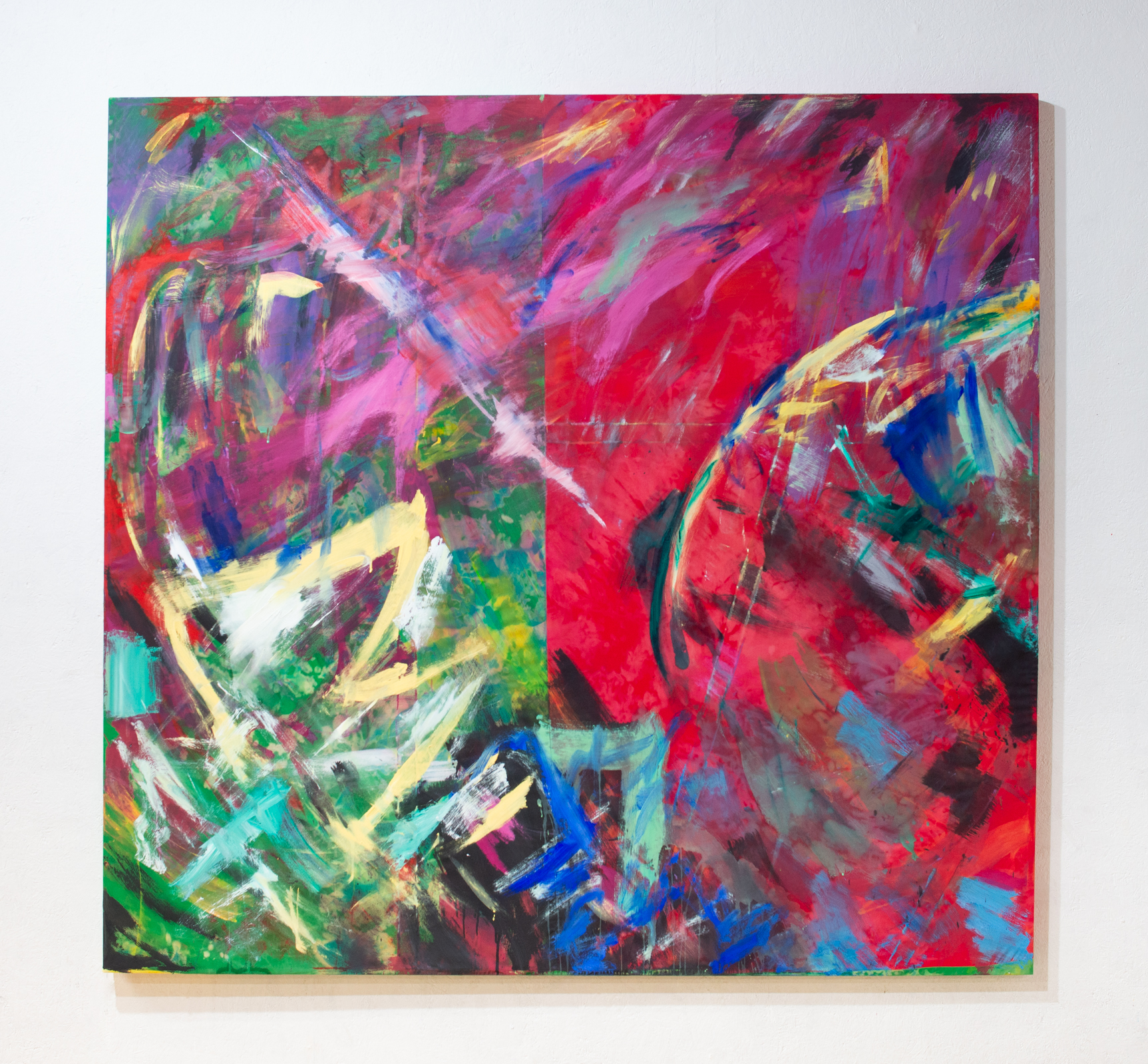 Bone Splitter. 2025. Acrylic on bleach dyed and patchworked fabric. 72" by 68".