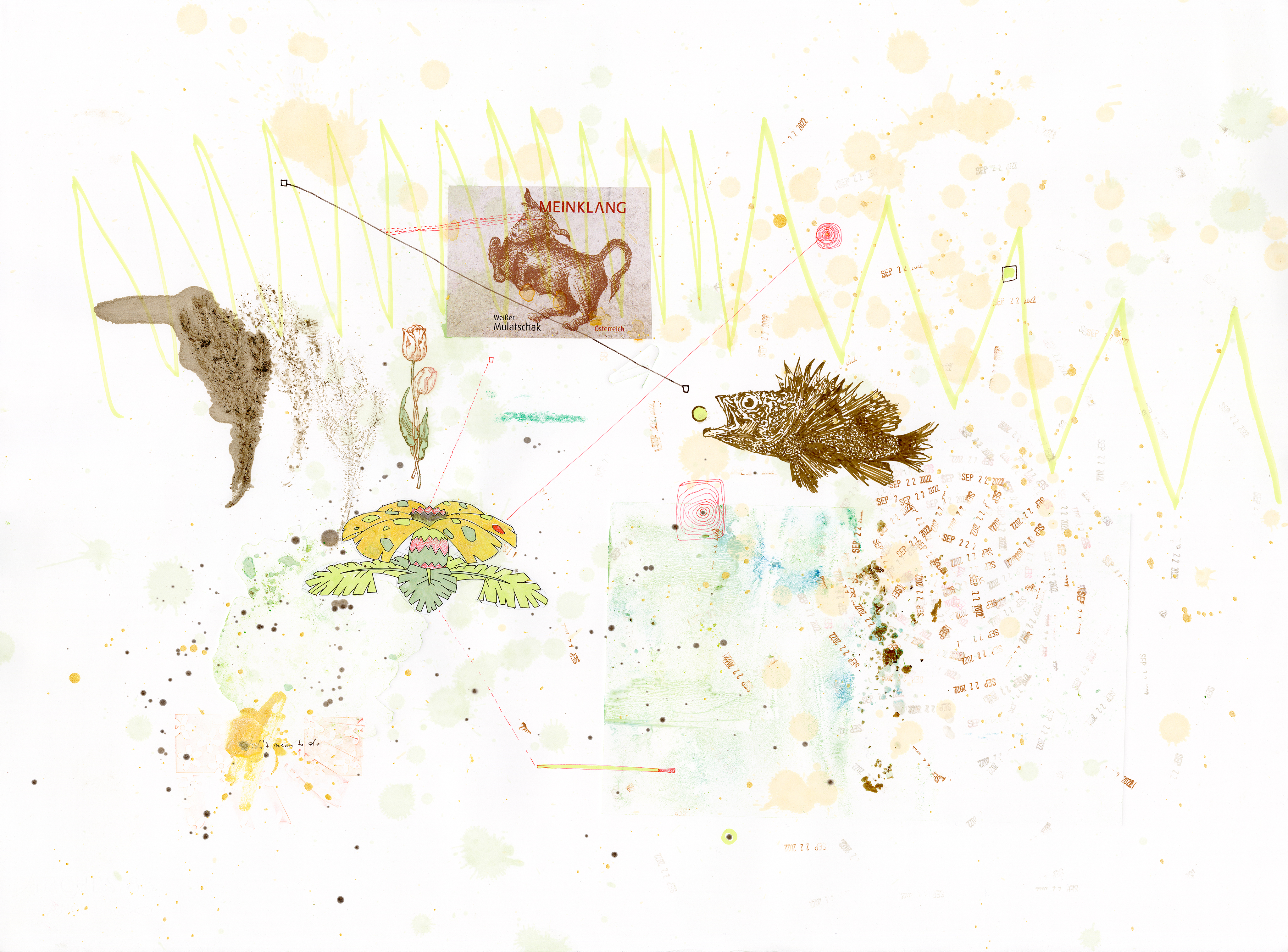 Drawing 40/56 from 56 days at the Dome House 22.5 x 30 inches, ink, Chine-collé, etching and stamps on Arches 88 paper - BUY