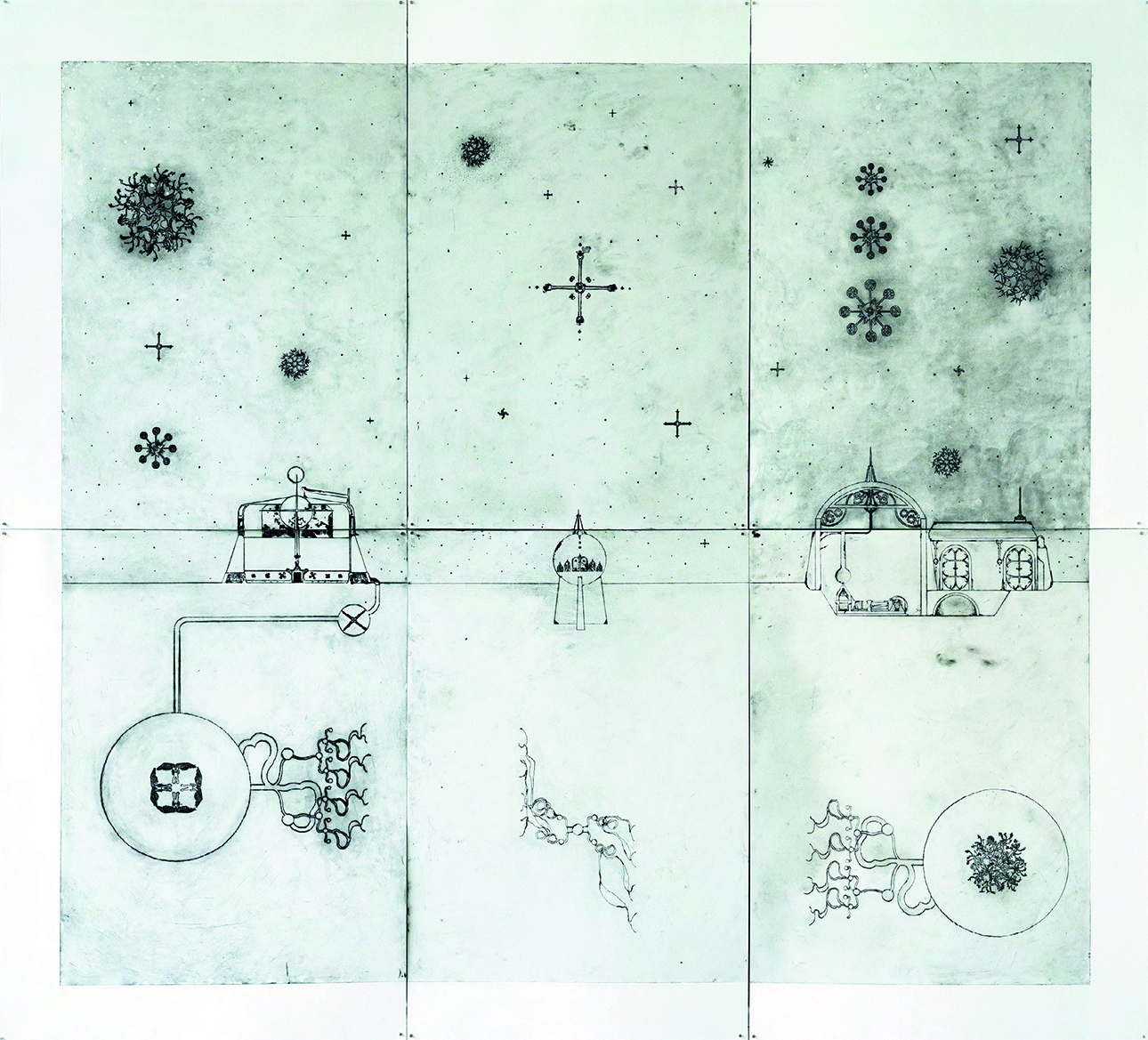 Lucien Lejeune Ultra-mystique architecture, 2024 Gravure pointe sèche sur plexyglas, papier aimanté sur châssis métallique Polyptyque en 6 parties 180 x 200 cm Courtesy de l'artiste