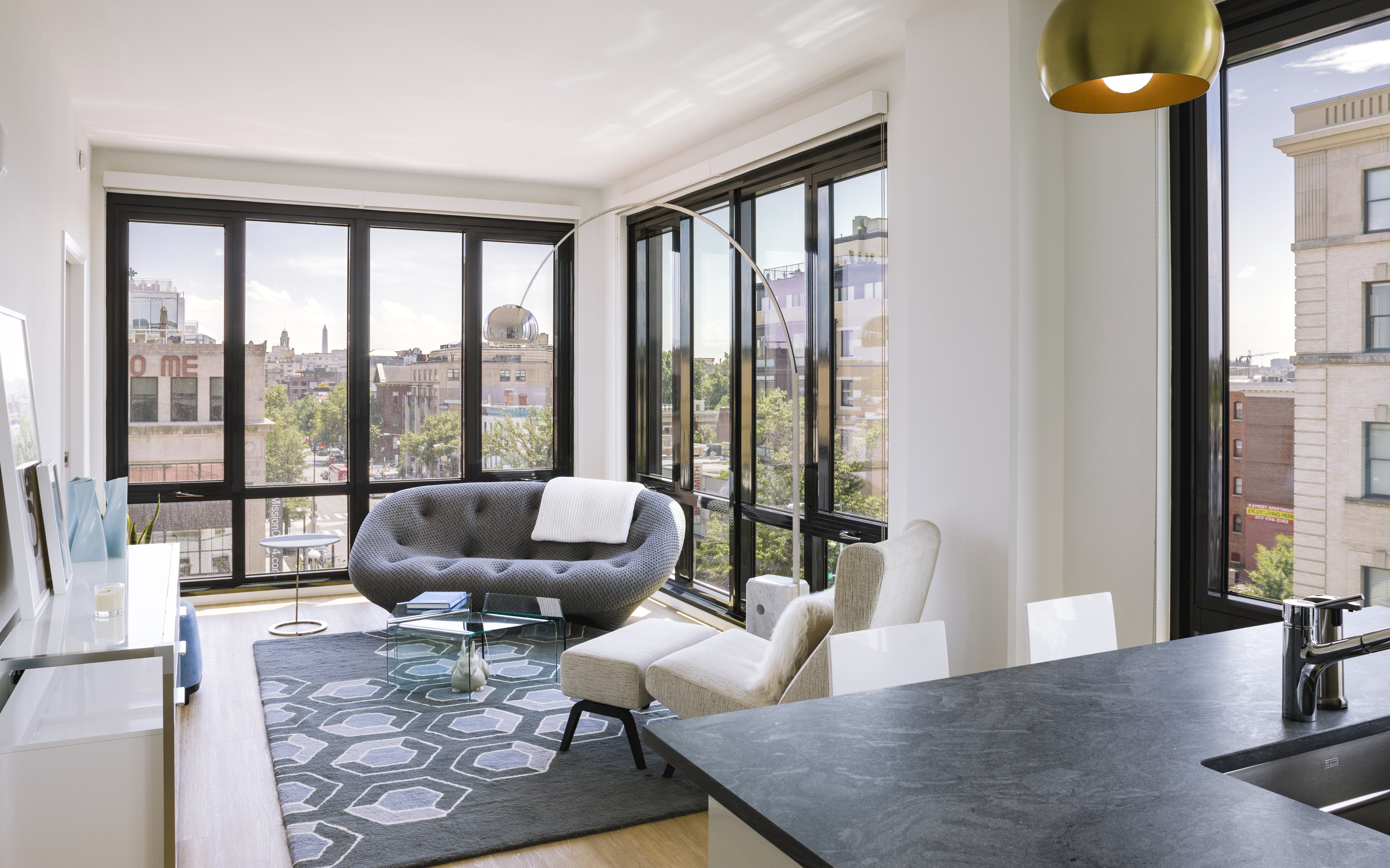 The Washington Monument, visible in the distance from this corner unit apartment