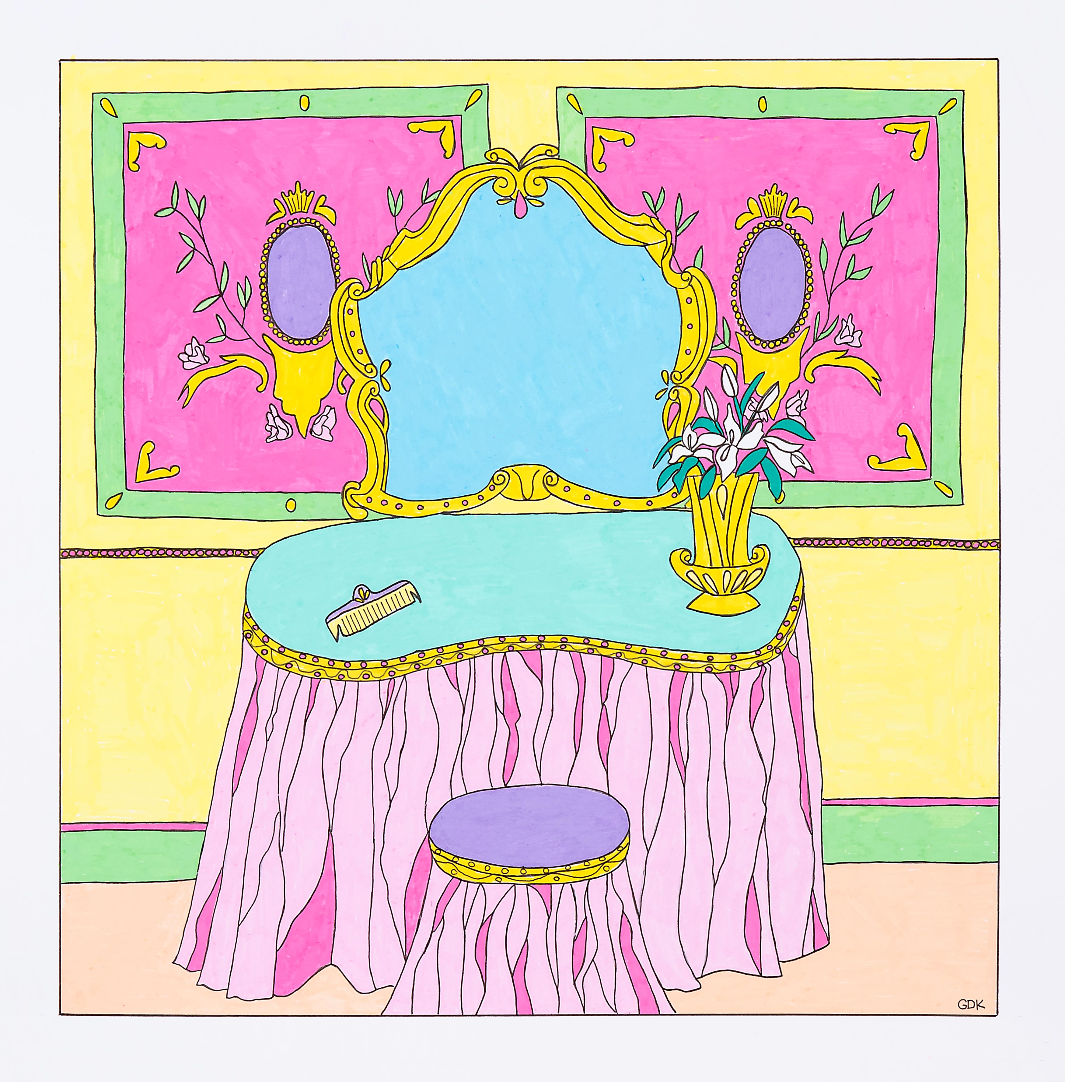 She’s a Princess, 2020, Acrylic markers and fineliners, 28 × 27 cm