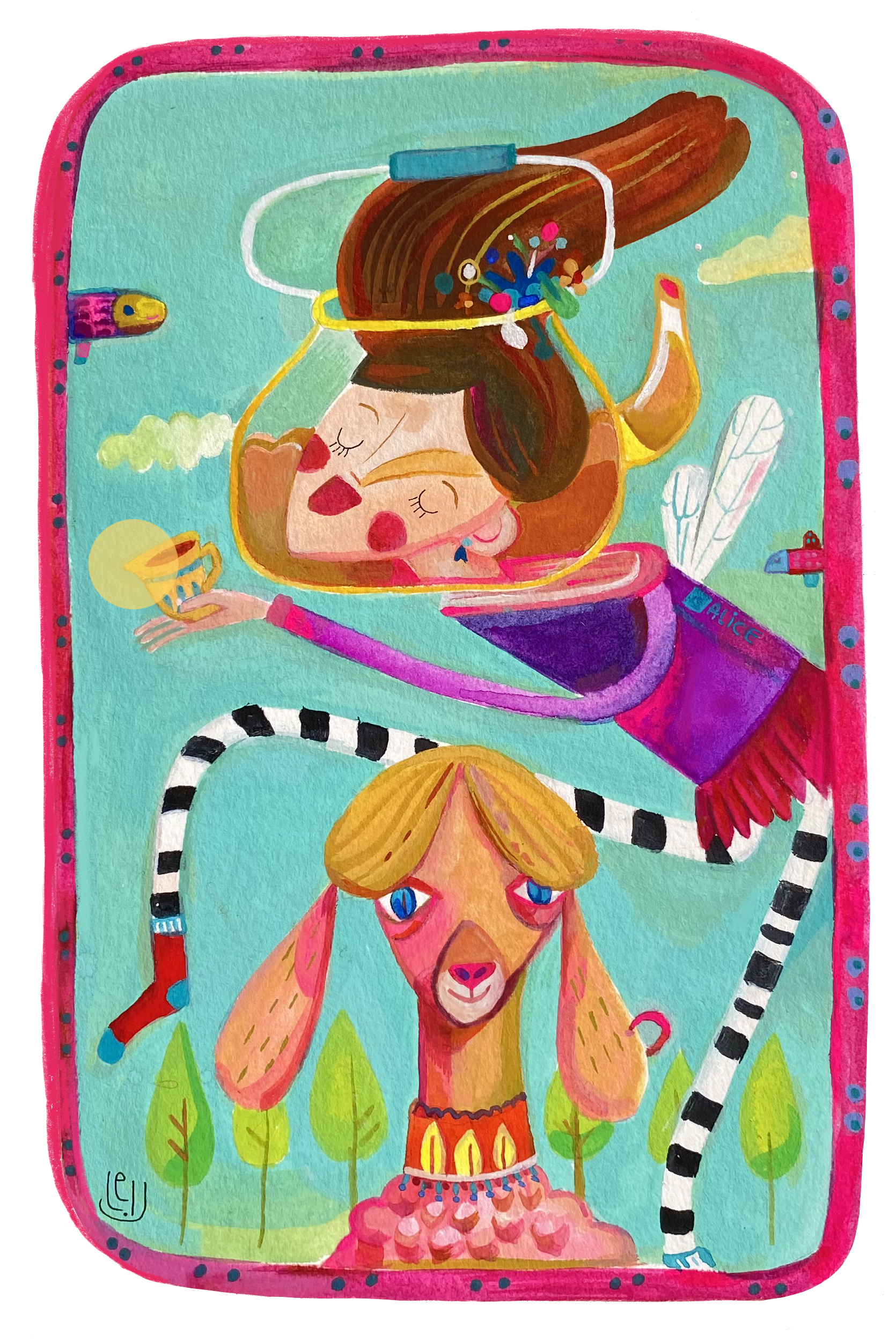 Alice in Tealand. Gouache on cotton board, 2020