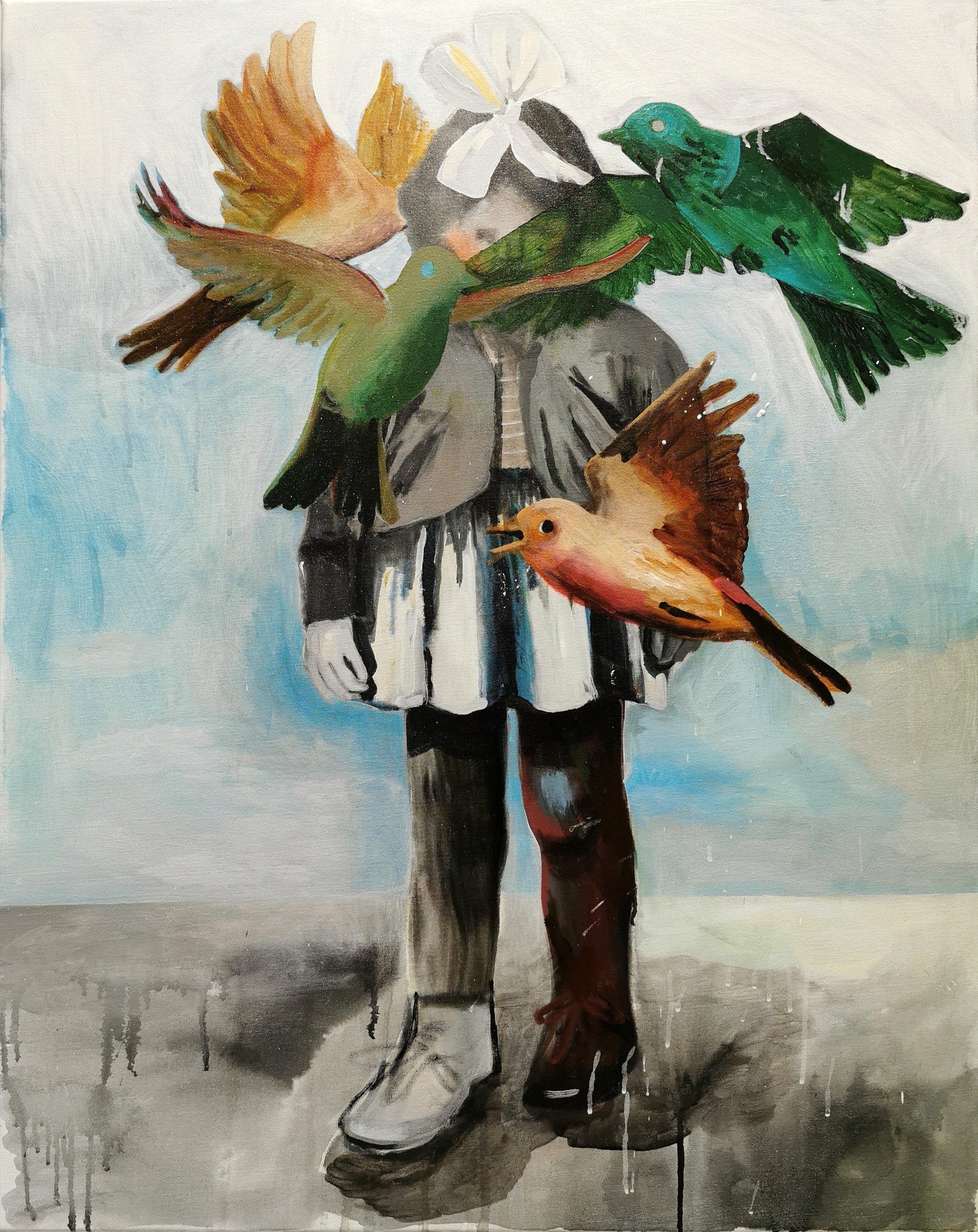 4 comfort birds, acrylic and oil on canvas, 100/80 cm