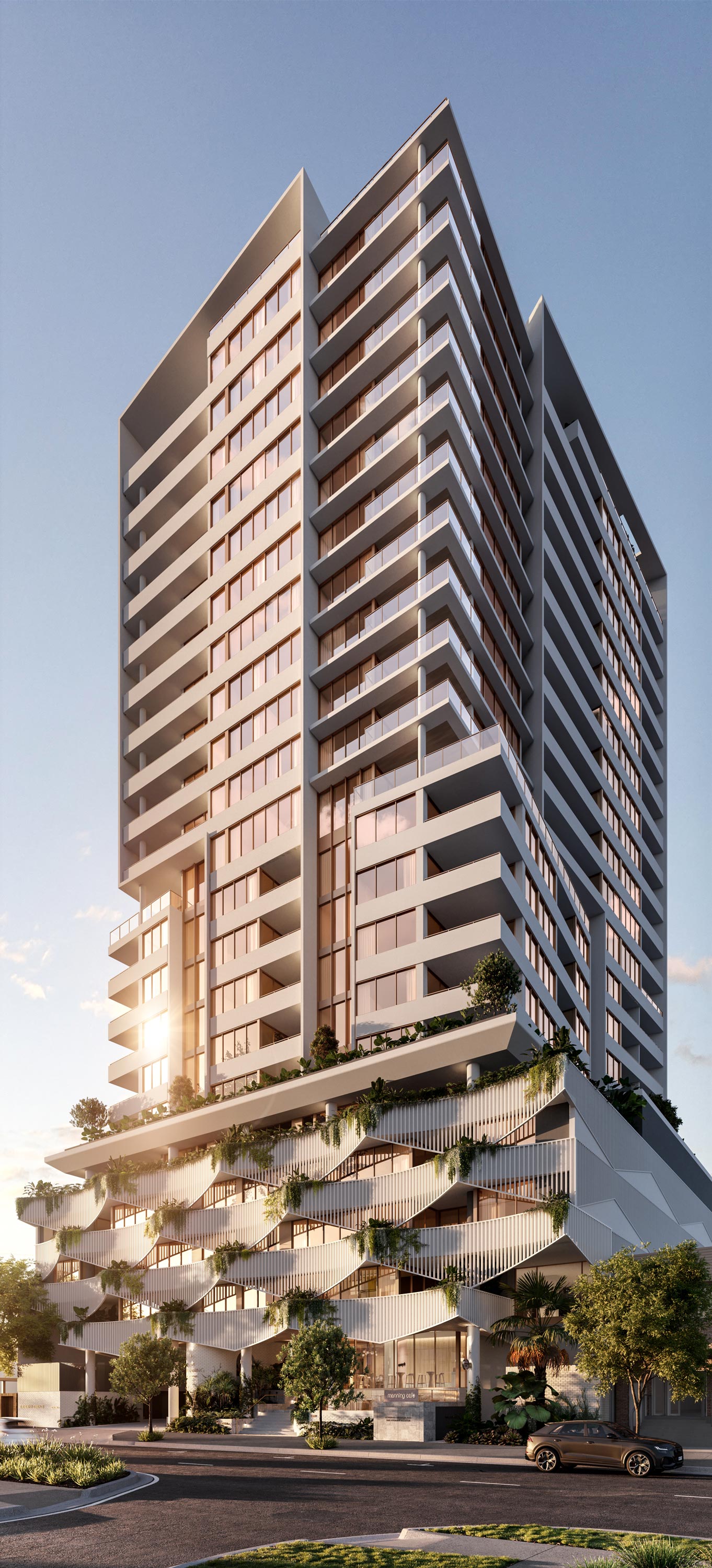 An artist's impression of a new city apartment building, showcasing modern architecture and urban living.