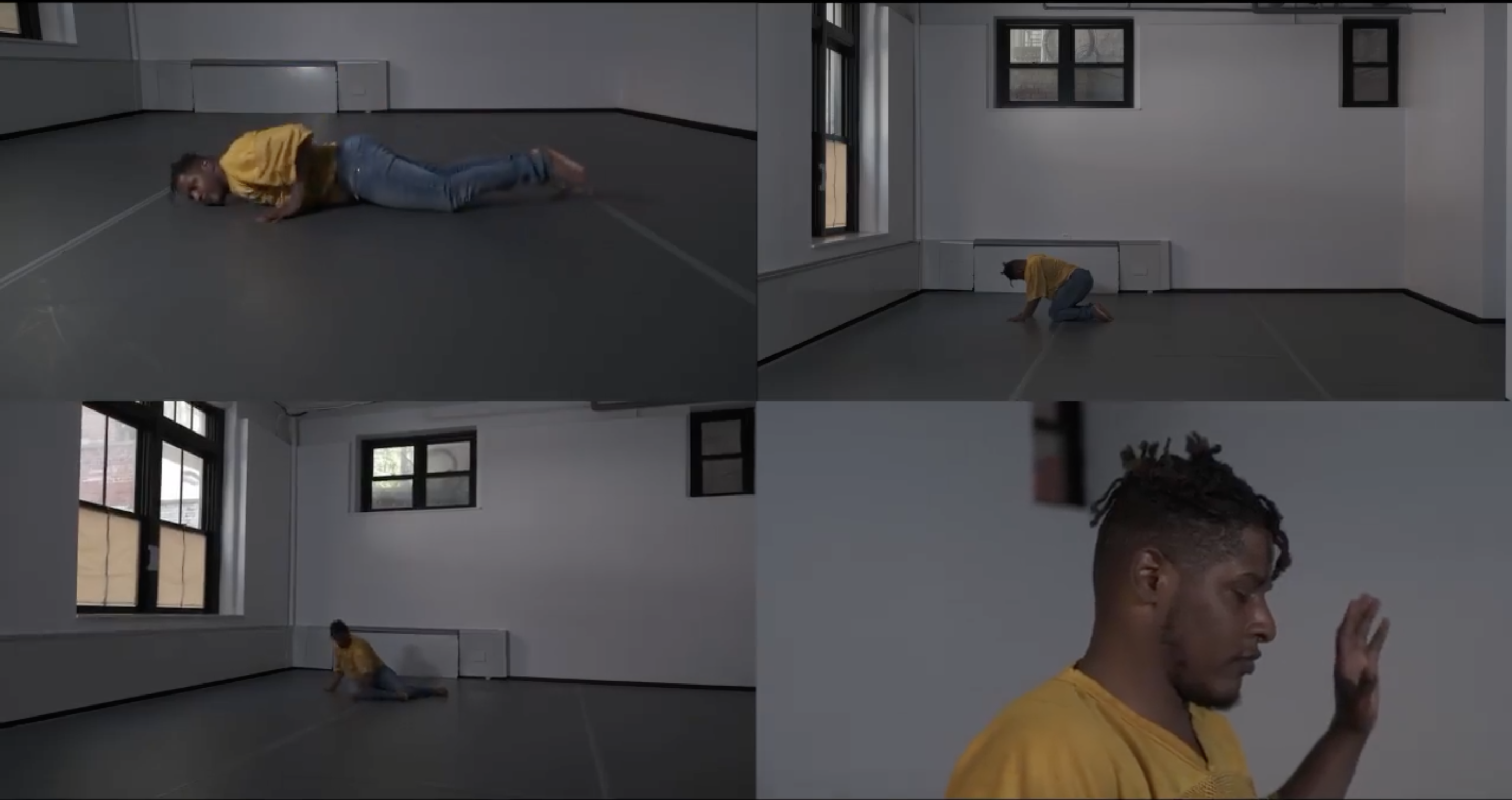 screen cap from Malcolm-x Betts' "8:46:" four tiles featuring Malcolm-x lying on side (top L), kneeling (top R), sitting on one hip (bottom L), and eyes closed, left hand raised (bottom R)