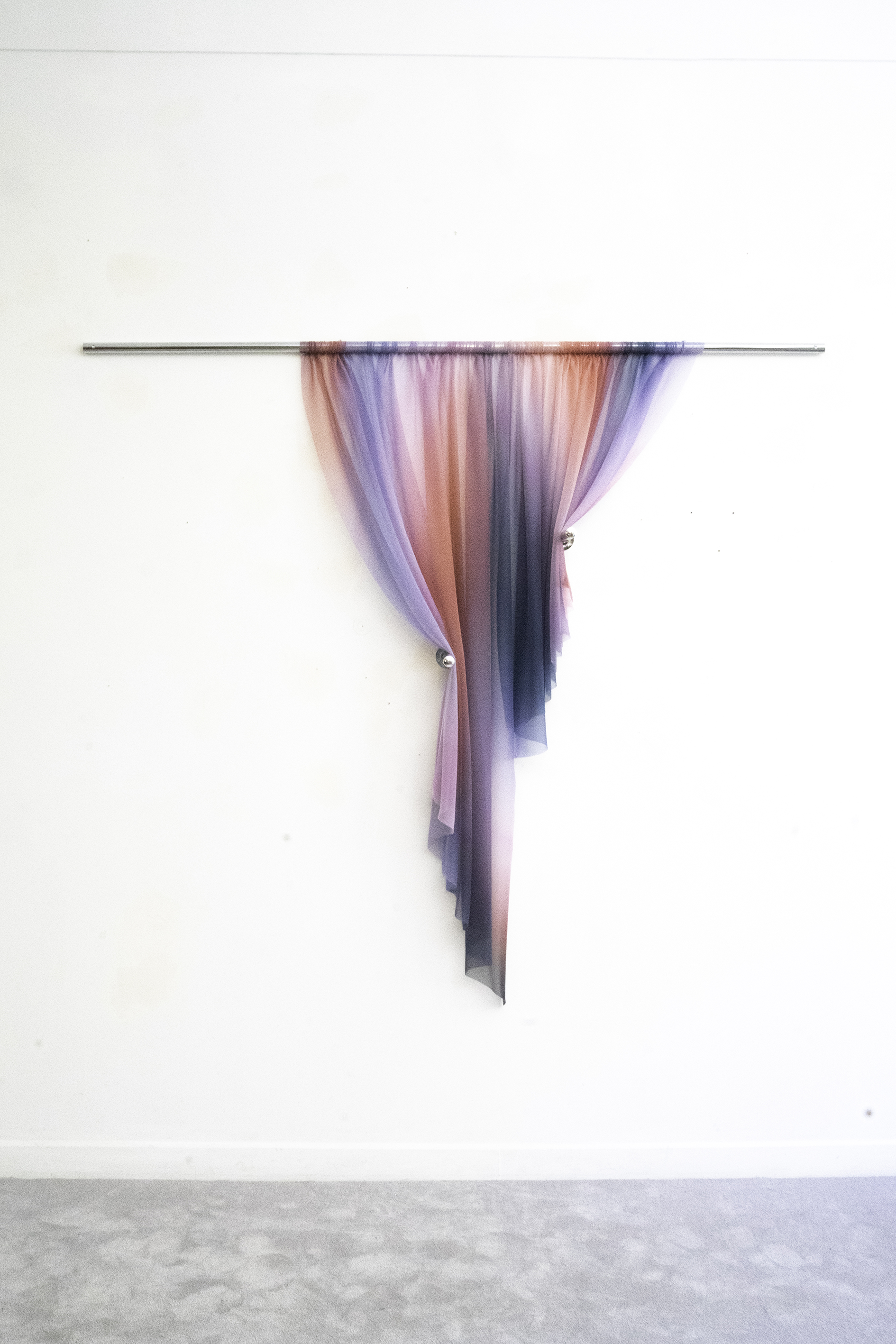How to drape a jellyfish, printed silk and chromed steel, 160x175x20cm, 2025.