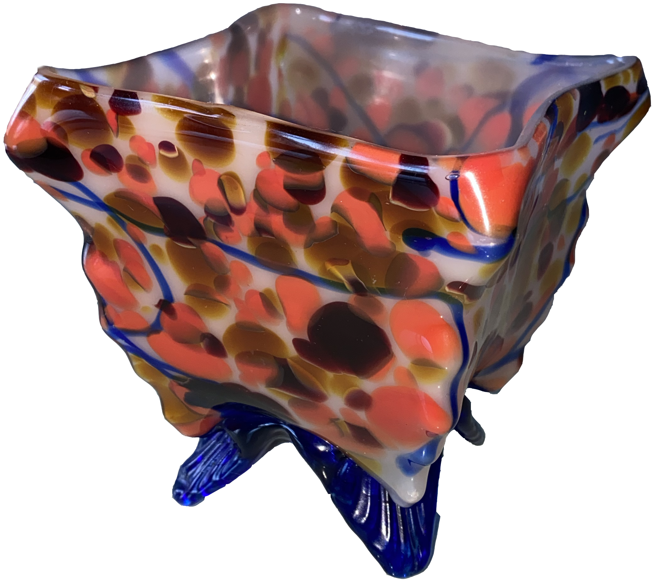 red and blue art glass coin holder