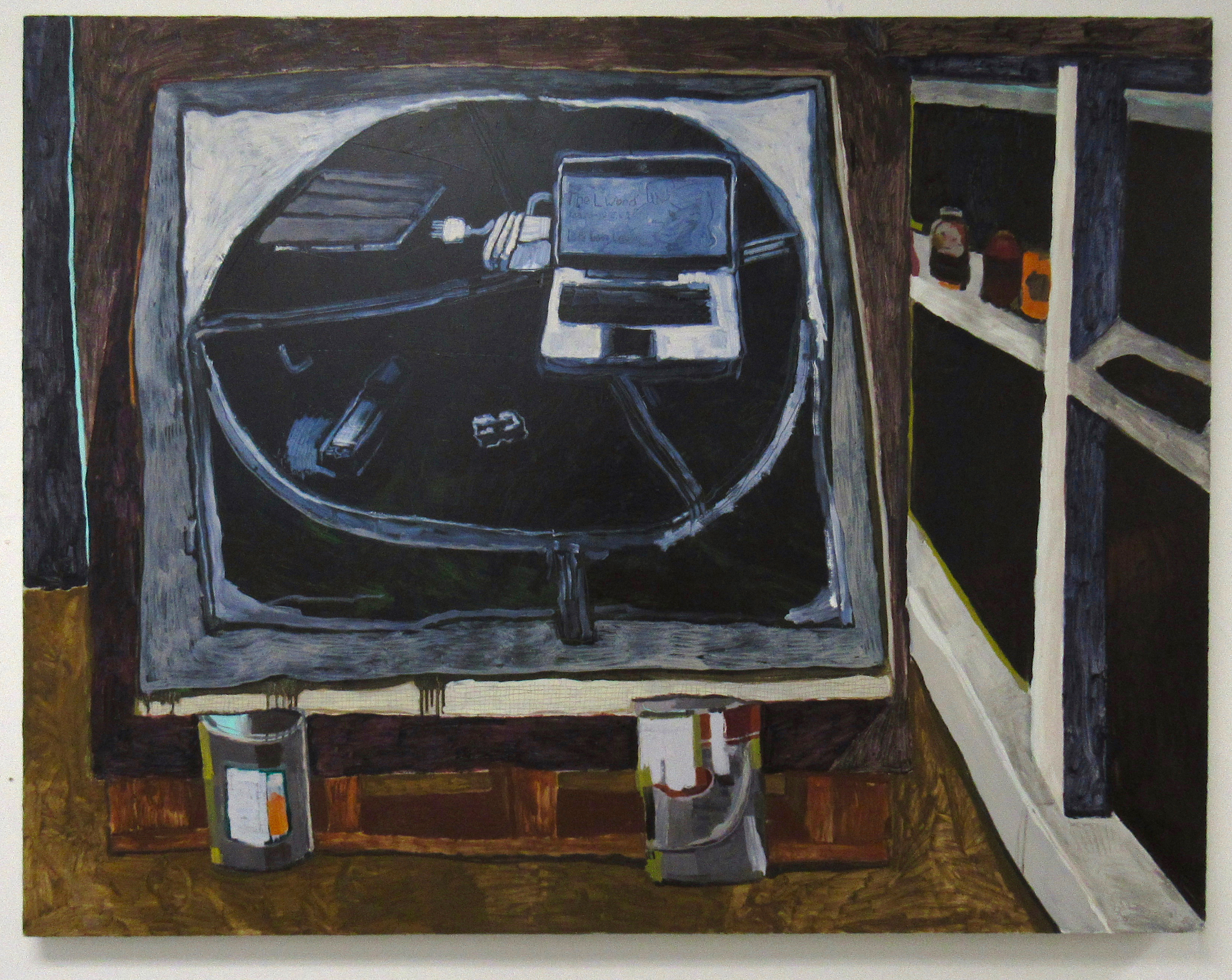 Still Life of Still Life with Computer, iPad, Pencil Sharpender, Clicker, and Charger on Ottoman with Two Cans of Paint, Vase, Honey, and Sunkist