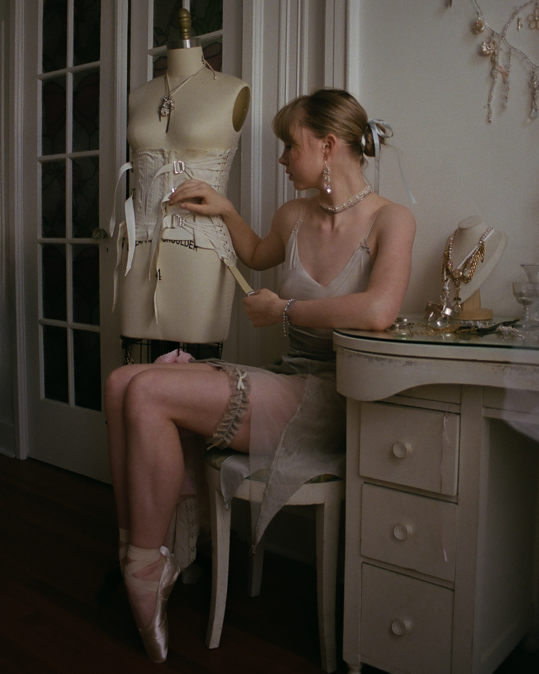 Asymmetrical corset dress with spandex and mesh top for PURE VIOLENCES collection styled by Maya Cruz for "Spells and Silk Shoes" for the IN magazine photographed by Winter Browne, 2023.