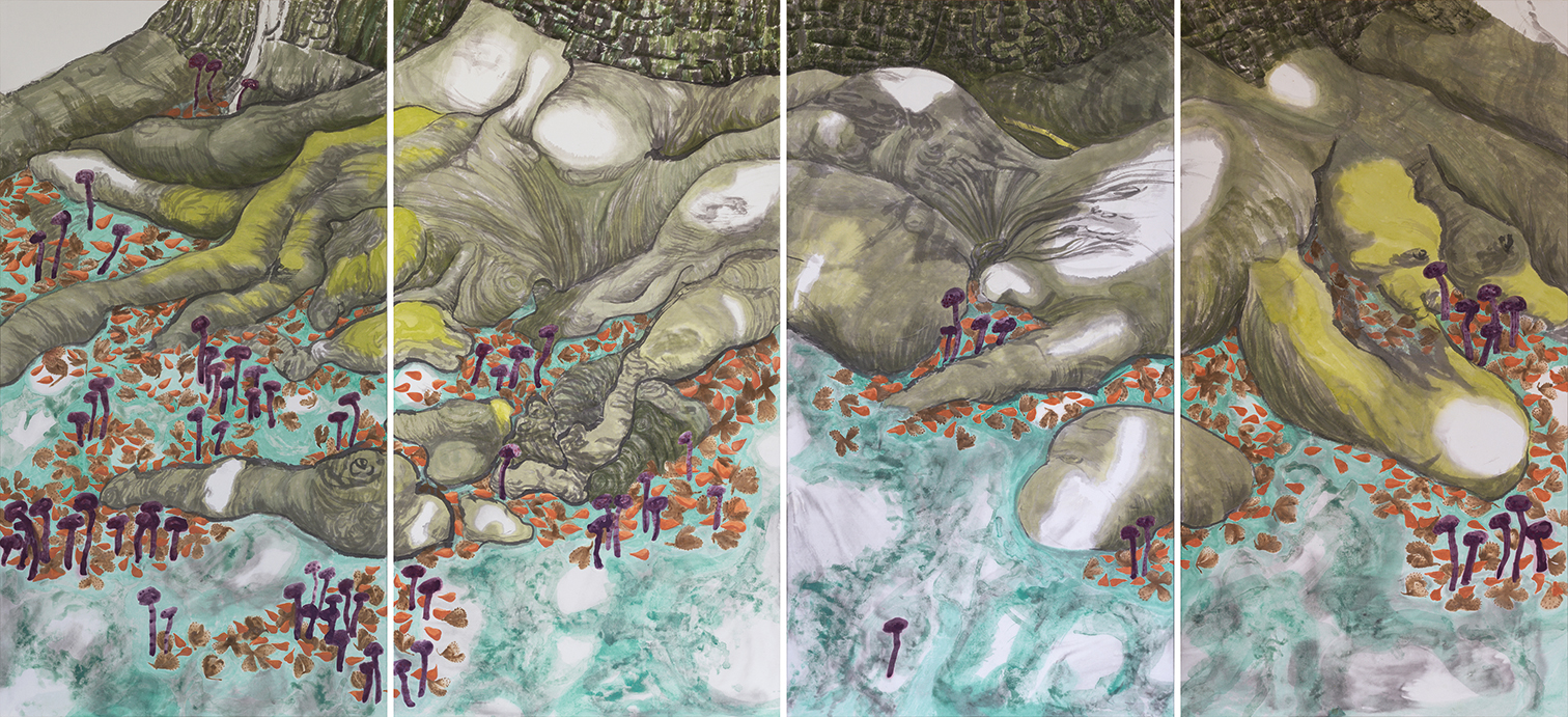 2020 beech tree / quadriptych, between the beech trunks all was dappled with light. yet, had I not noticed the rumour, 180cm x 400cm