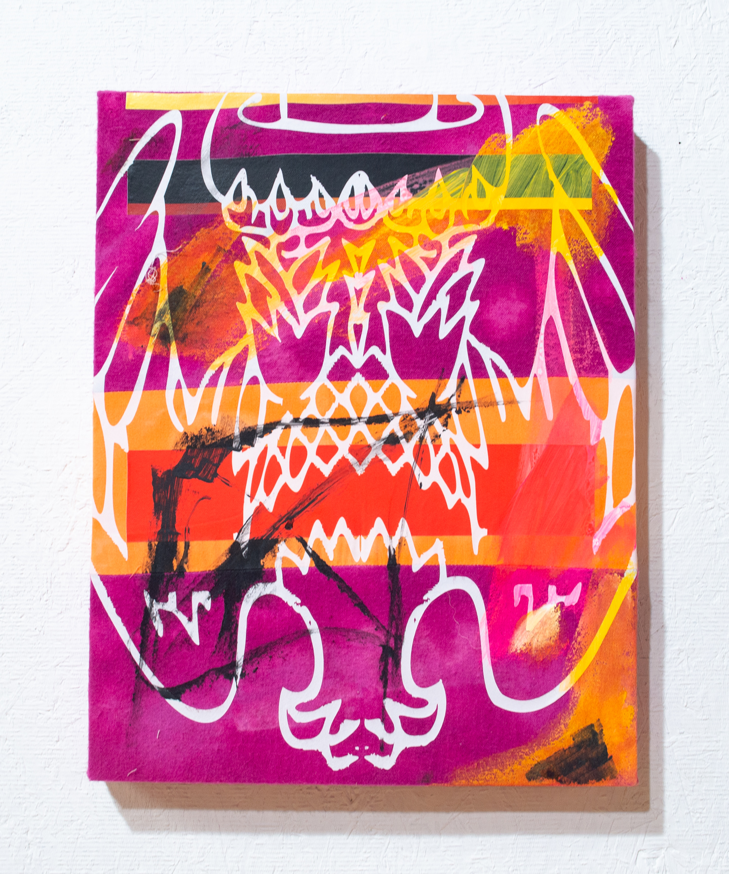 Two Headed Dog. 2025. T-shirt transfer and acrylic on bleached and patchworked fabrics. 11" by 14".