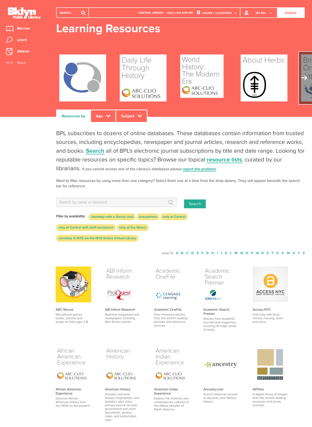 Before: Learning Resources landing page prior to redesign. Information hierarchy was poor, and many users were confused about how to filter or explore the hundreds of databases.