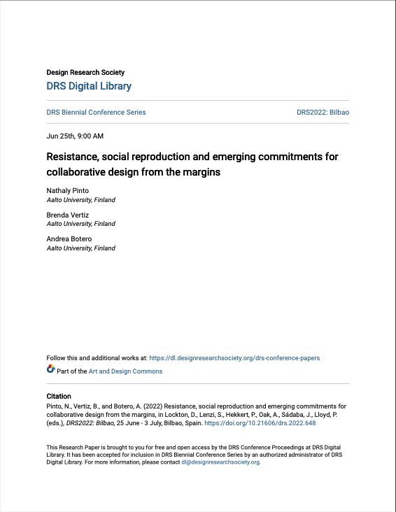 Nathaly Pinto, Brenda Vertiz, Andrea Botero, Resistance, social reproduction and emerging commitments for collaborative design from the margins (EN)