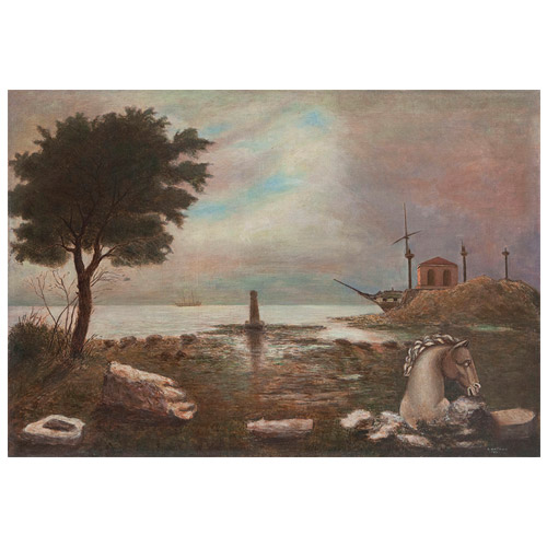 SPIAGGIA CON FRAMMENTI 1934, Cavallo in laguna olio e tempera su tavola, cm 65 x 90