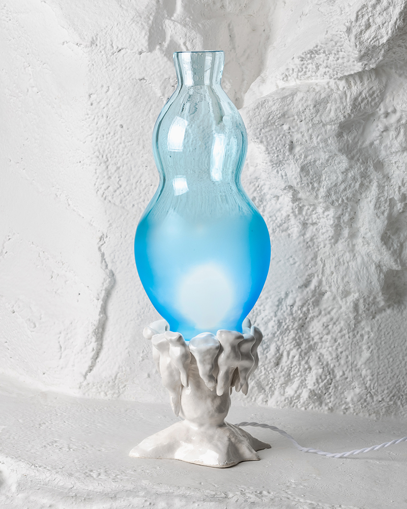 Blue Sea Sparkle lamp made with Porcelain and Blown Glass on White Background, Plaja Studio