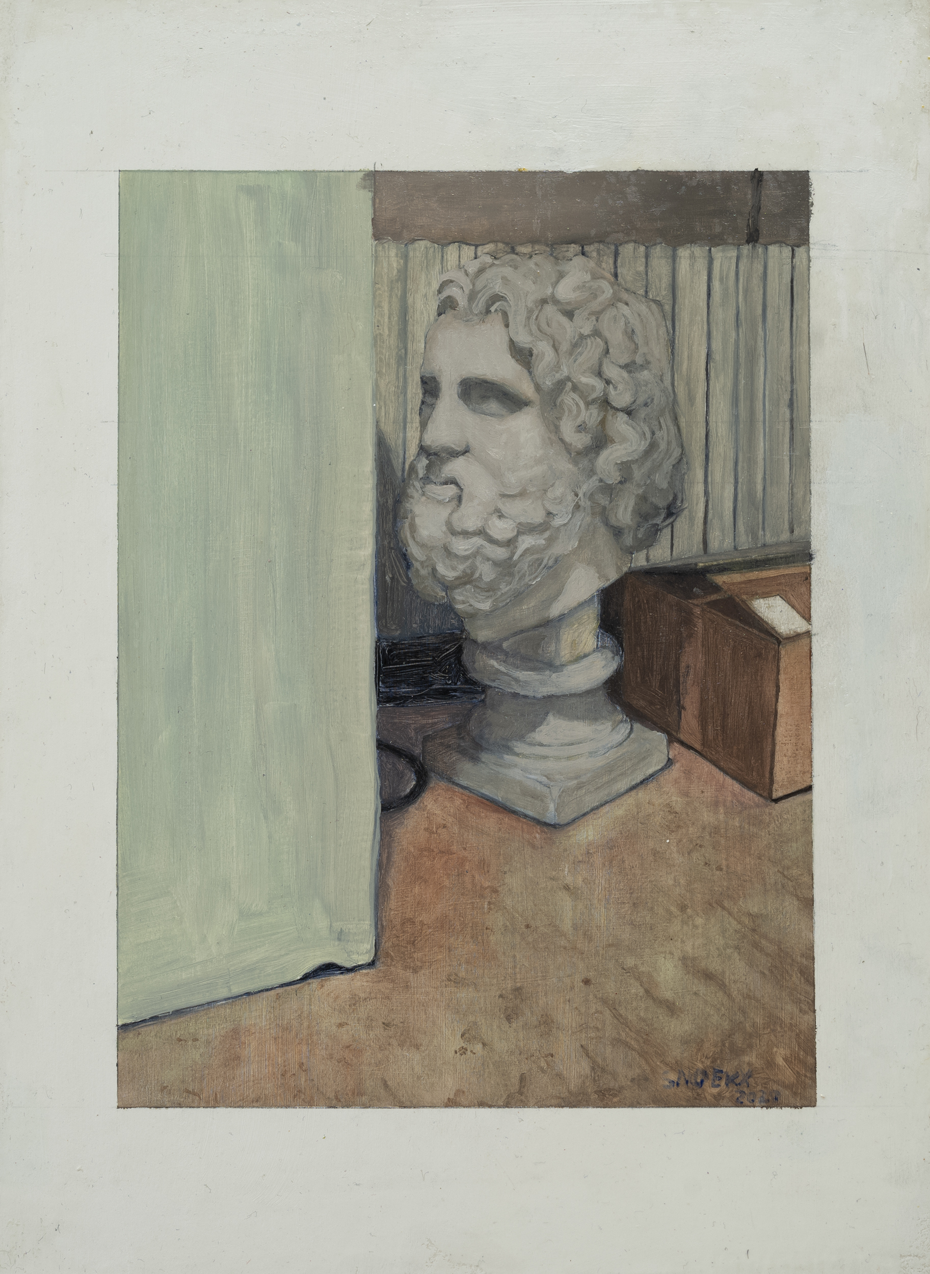 "Greek buste in corner with box" - Oil On Paper - 30cm x 22cm