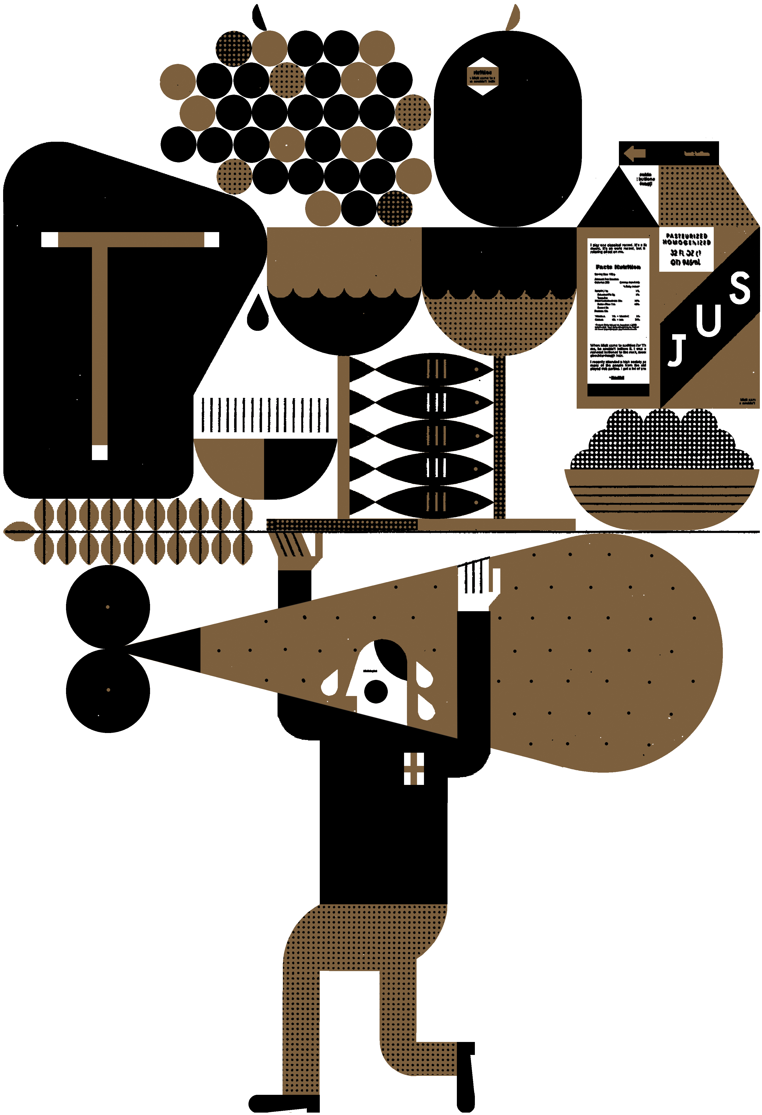 Illustrated poster of a person holding up a drumstick, milk, wine glasses, fruit, and steak.