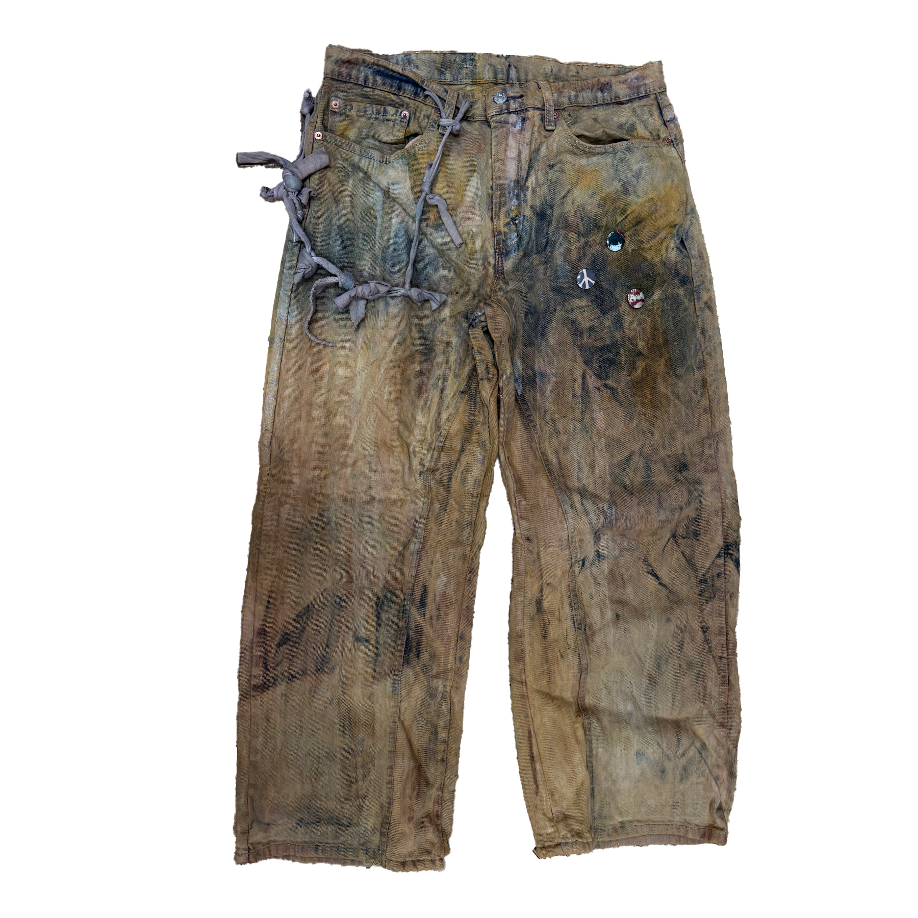 reclaimed vintage surplus denim screen printed with textile dye & various metals. tailored for straight/wide fit. fitted with custom keychain, scrap chain, and leather patches