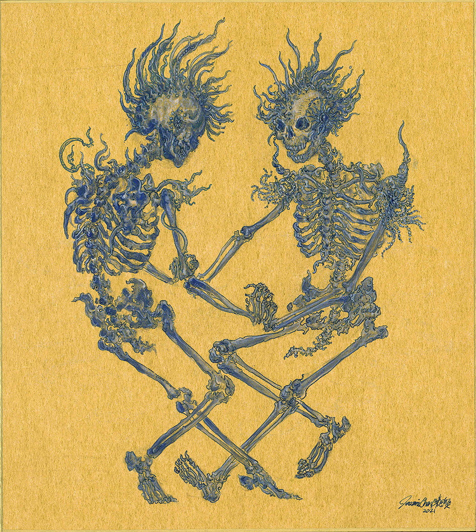 "Danse Macabre 死亡之舞" , 24.2 x 27.2 cm, mixed media on Japanese drawing board, 2021