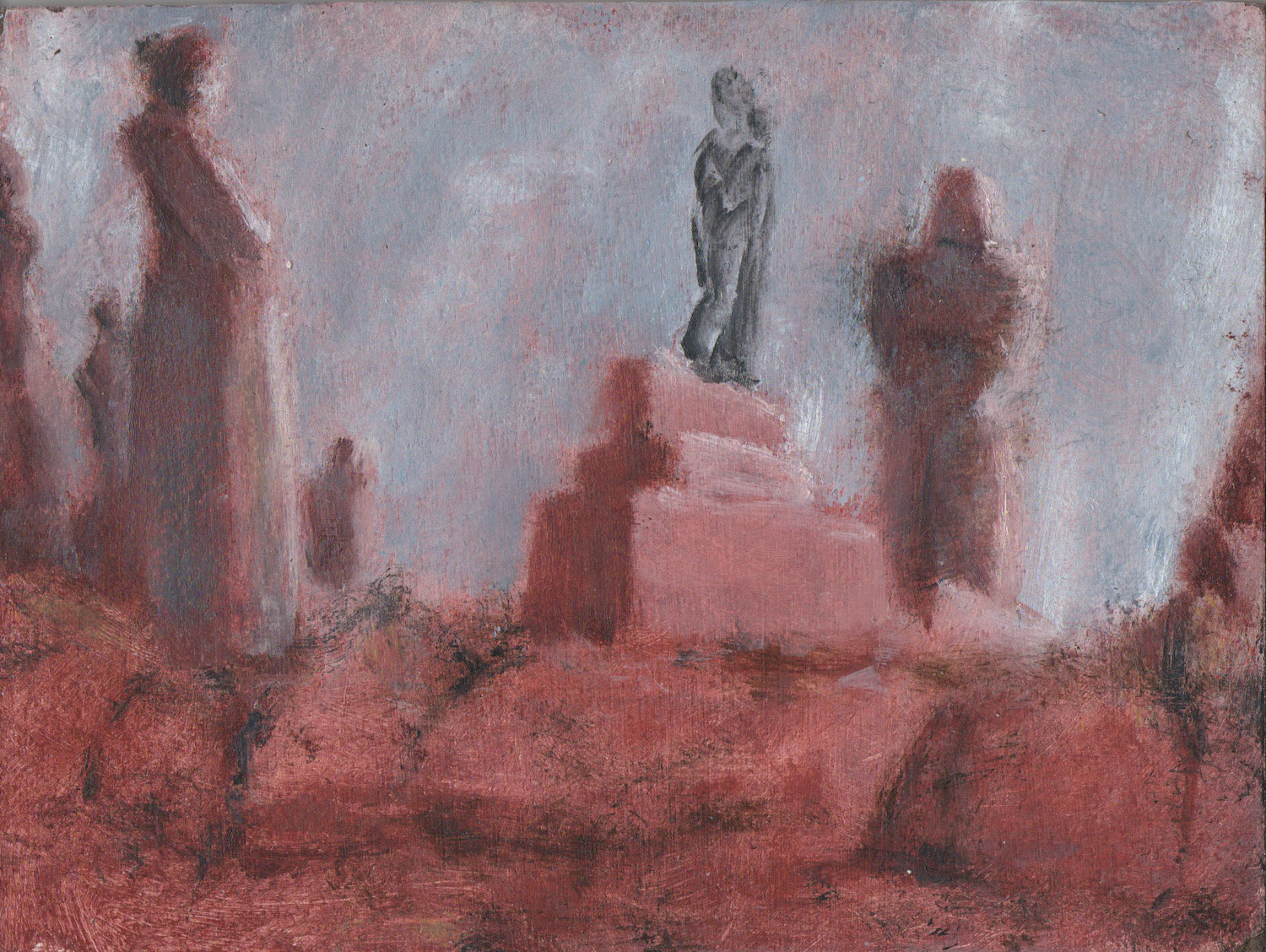 David C. Kane, Mystery No. 16, Obsequies, oil on panel, 4.5 x 6 inches, 2019, $500