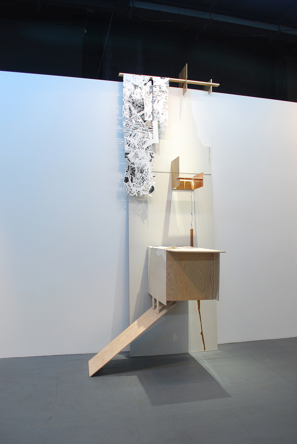 ako / avd  Ink, graphite, colored pencil, contact paper, and block prints on paper and drywall. Wood, formica, flooring, drywall and pushpins.   2009 - 151 x 43 x 68