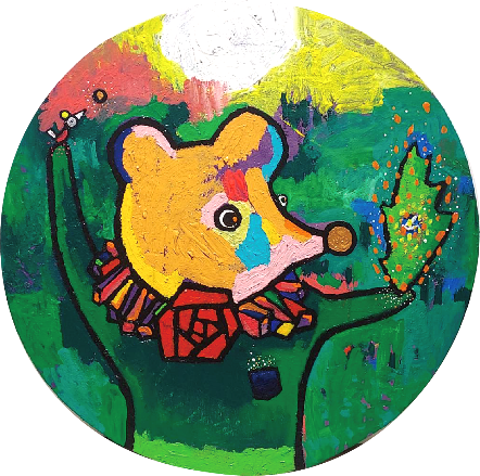 擁有魔法火焰的小熊。Bear with magic fire。Acrylic color, modeling woodblock, Cm  Φ 58, 2023