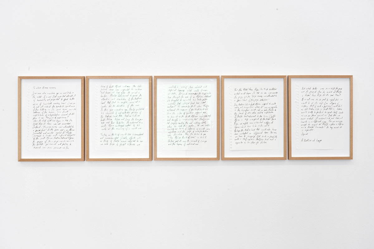 Kemang Wa Lehulere, Letter to the Nobel Committee (2016) | ink on paper, 39 x 29.5cm each (framed)