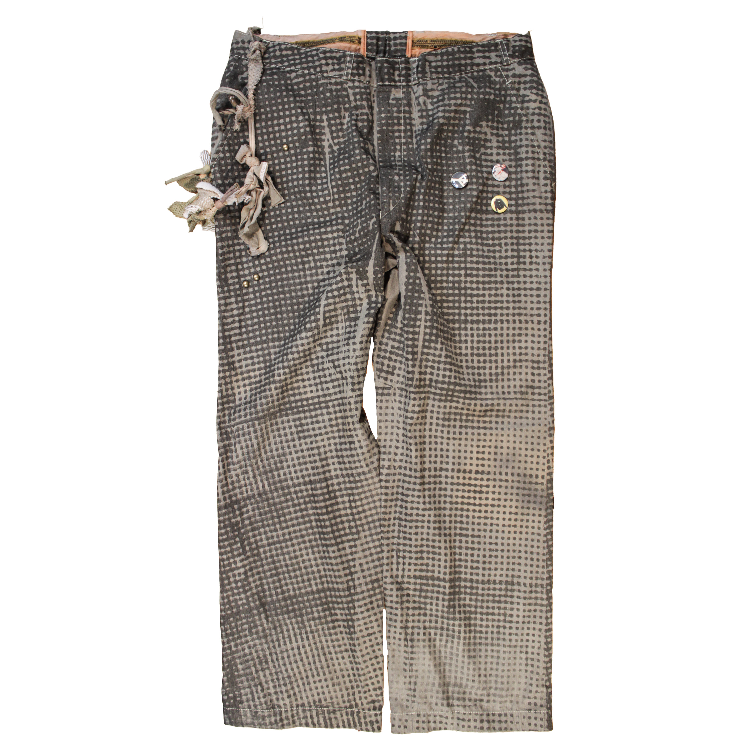 reclaimed vintage surplus dress pants screen printed with gingham in textile dye. tailored for straight/wide fit. fitted with custom keychain, scrap chain, and leather patches
