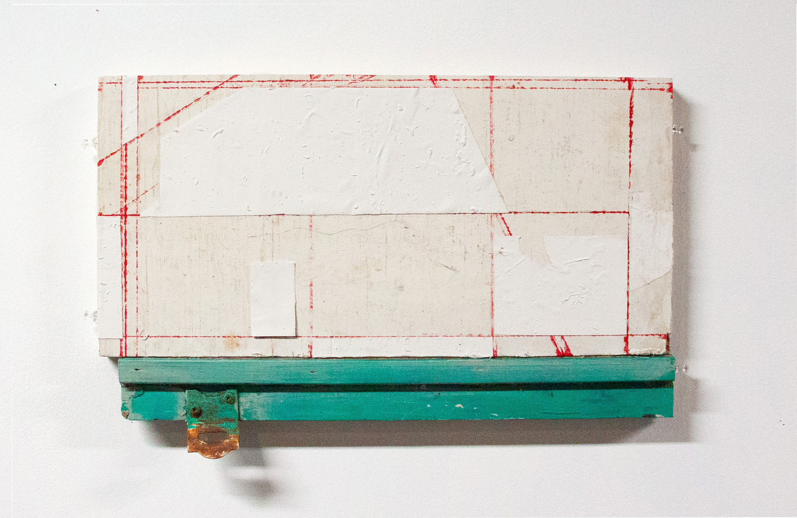 Redlining, paint skins and found pieces of a home, 10 x 17, 2024